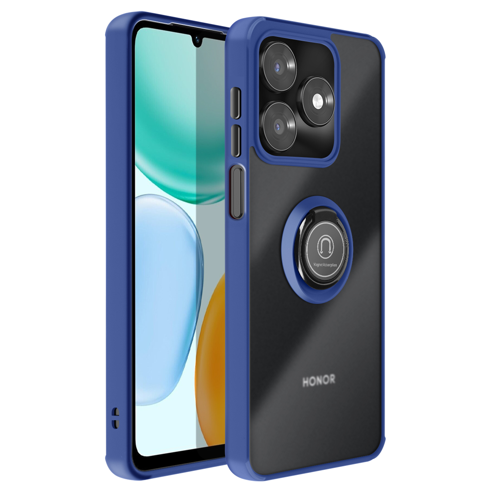 Une coque de téléphone bleue avec dos transparent et support anneau, trois caméras.