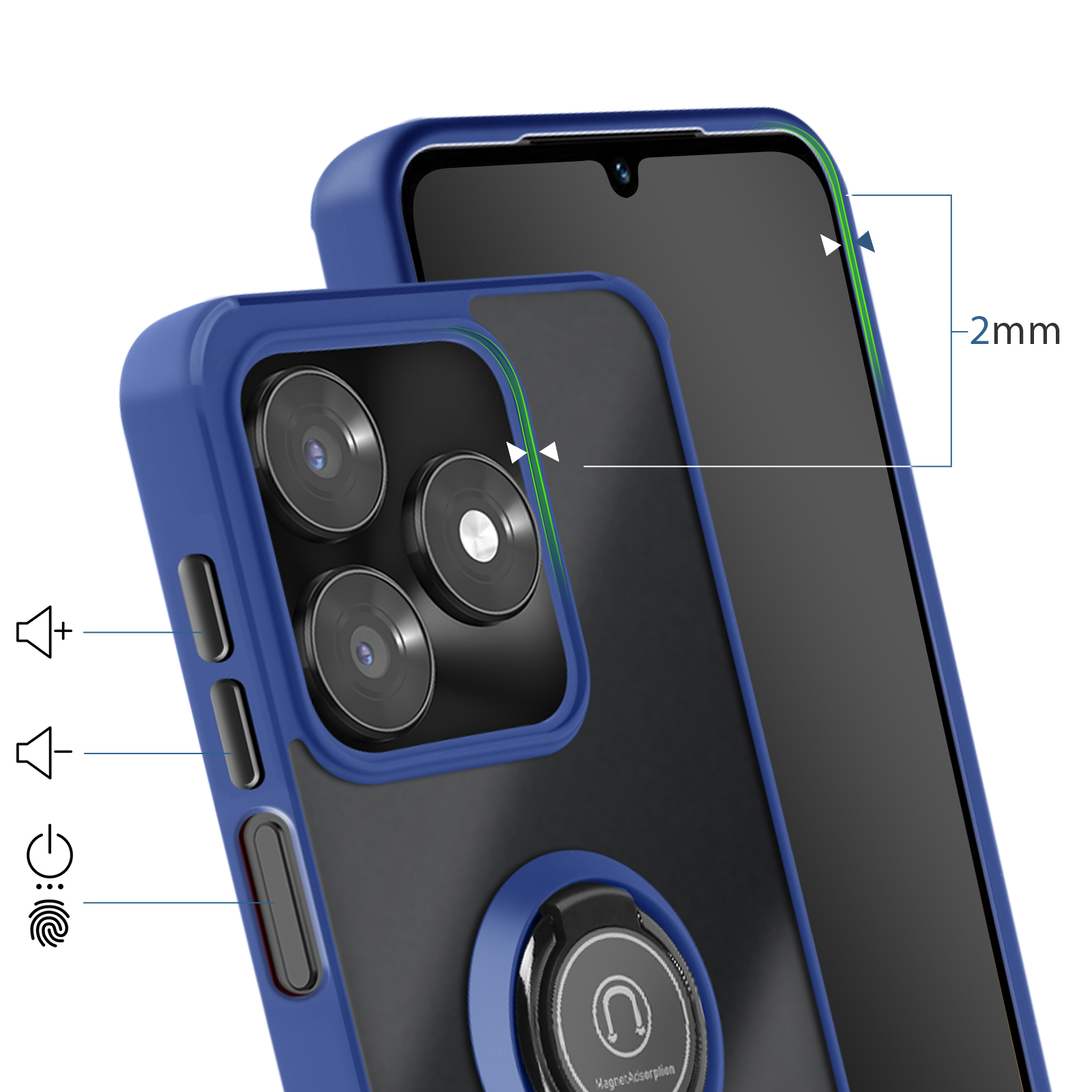 Coque de téléphone bleue avec trois caméras et support anneau.