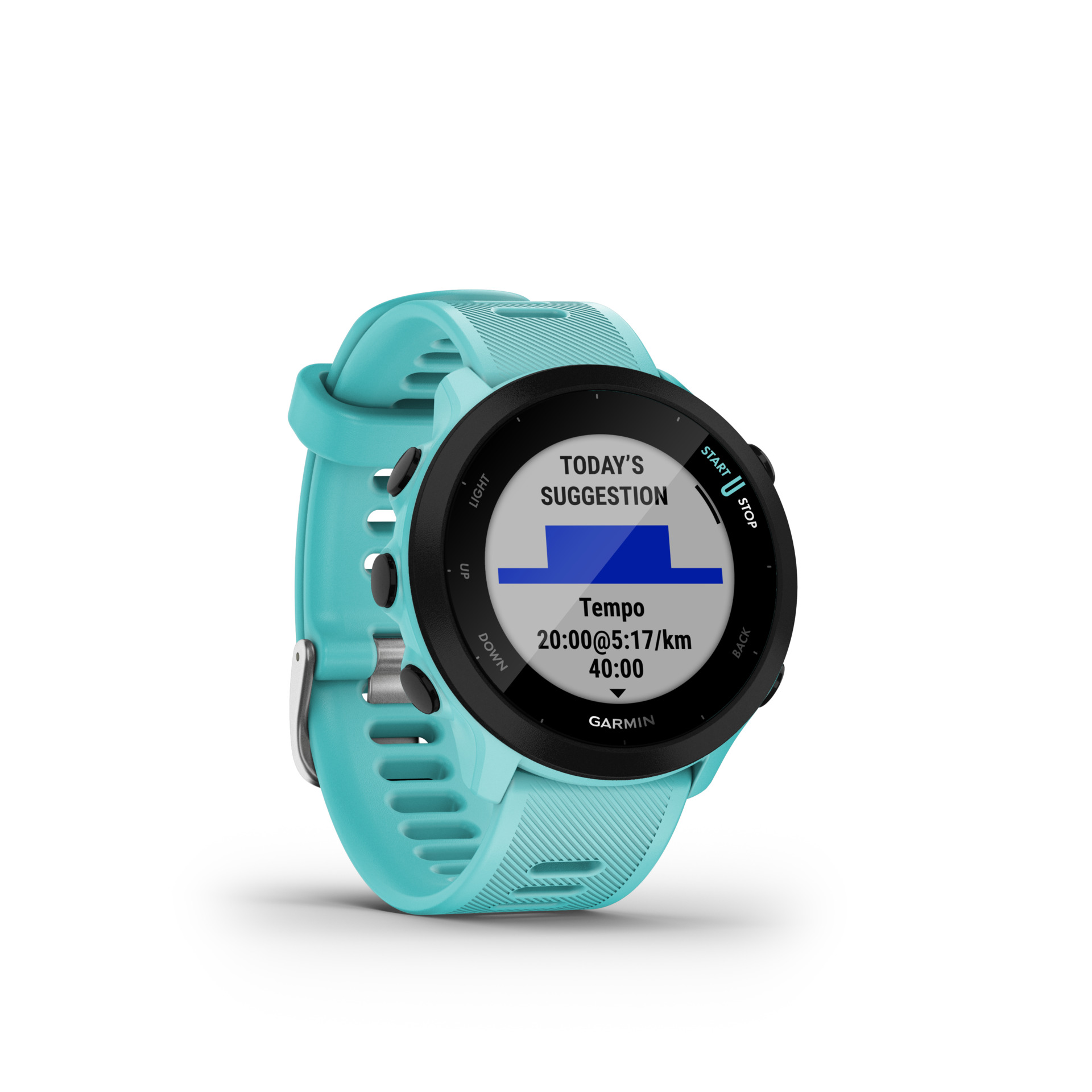 Turkusowy smartwatch z czarną tarczą wyświetlającą aplikację z sugestią treningu.