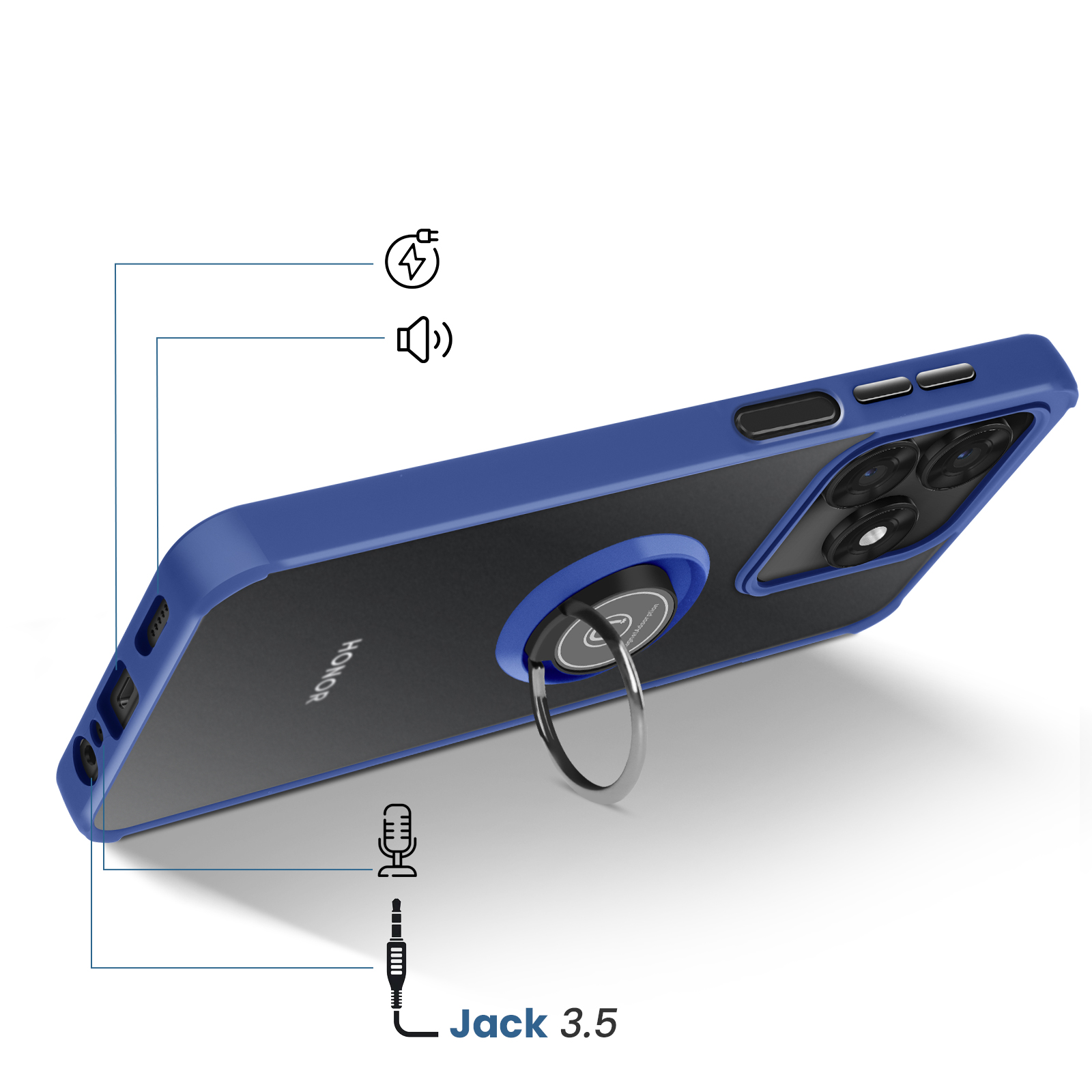 Une coque de téléphone bleue avec anneau, appareil photo et ports.
