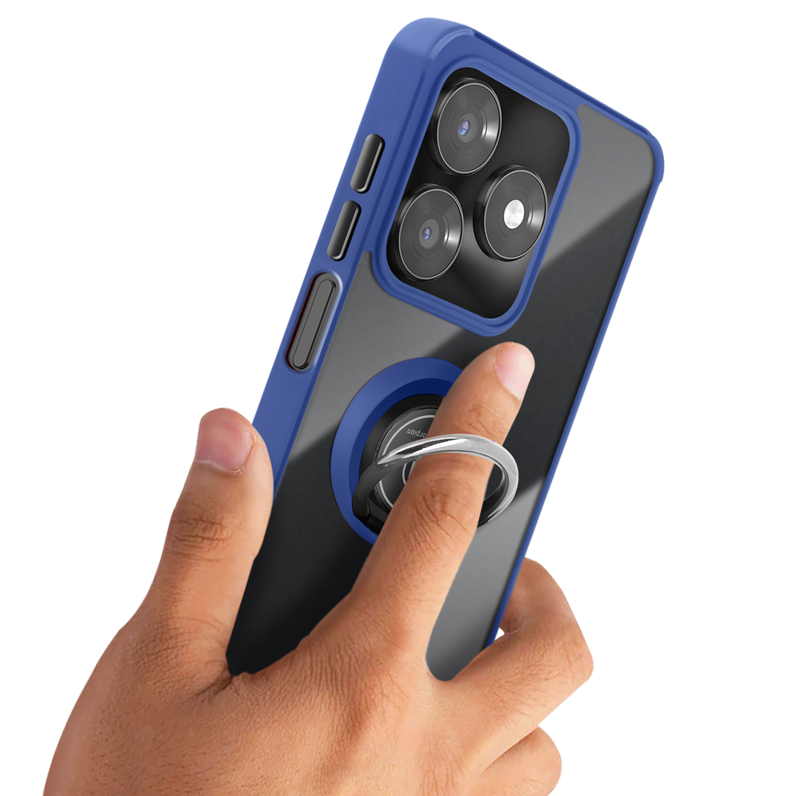 Une main tient un téléphone bleu avec triple appareil photo et support anneau.