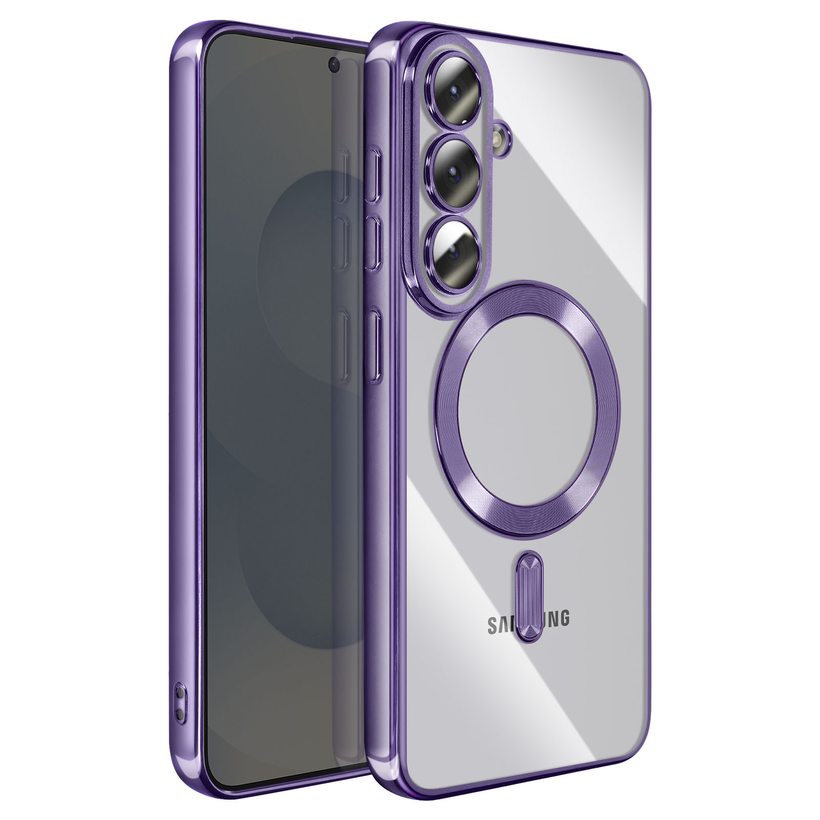 Paarse telefoonhoes met doorzichtige achterkant en drie camera's.