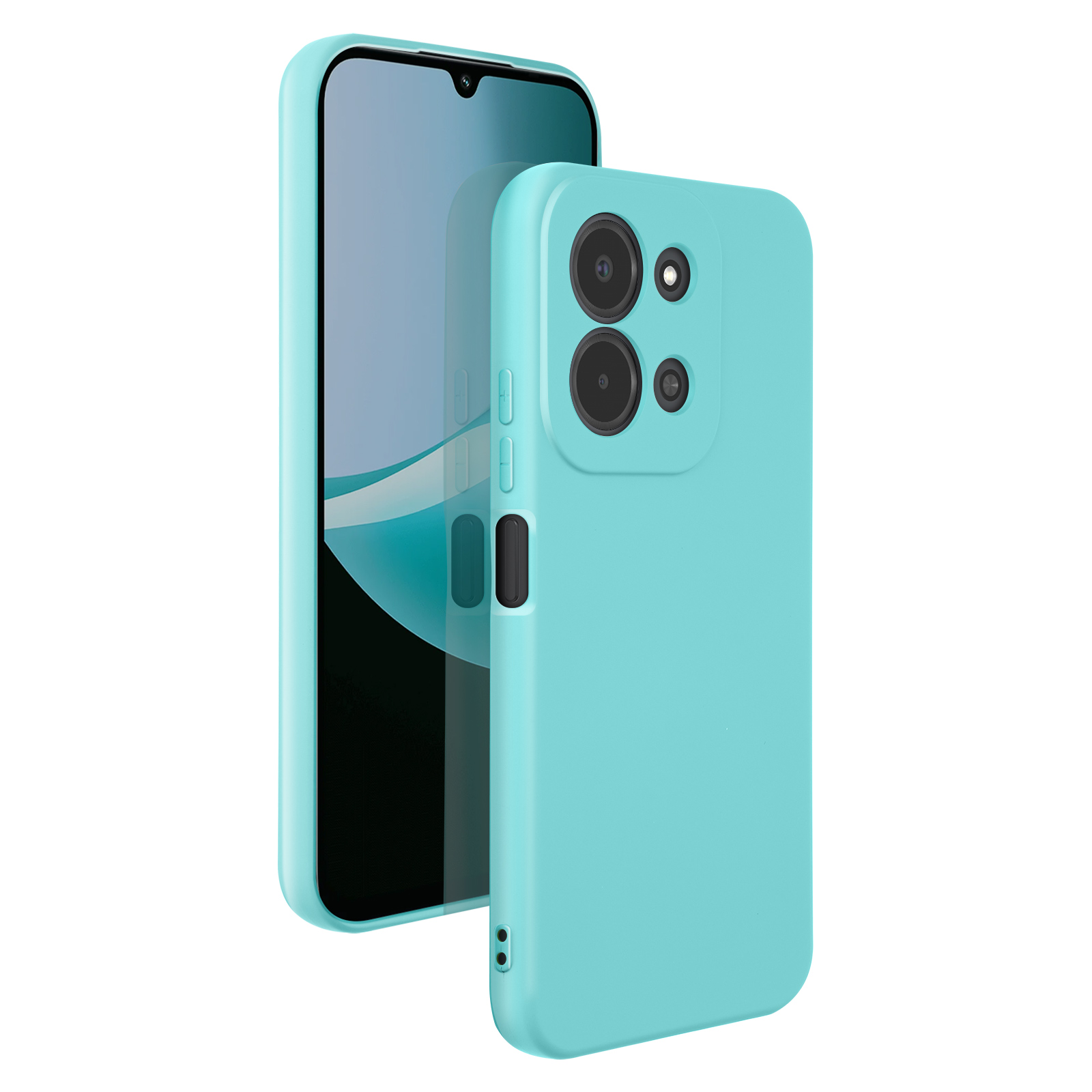 Deux coques de téléphone turquoise côte à côte, dont une sur un téléphone.