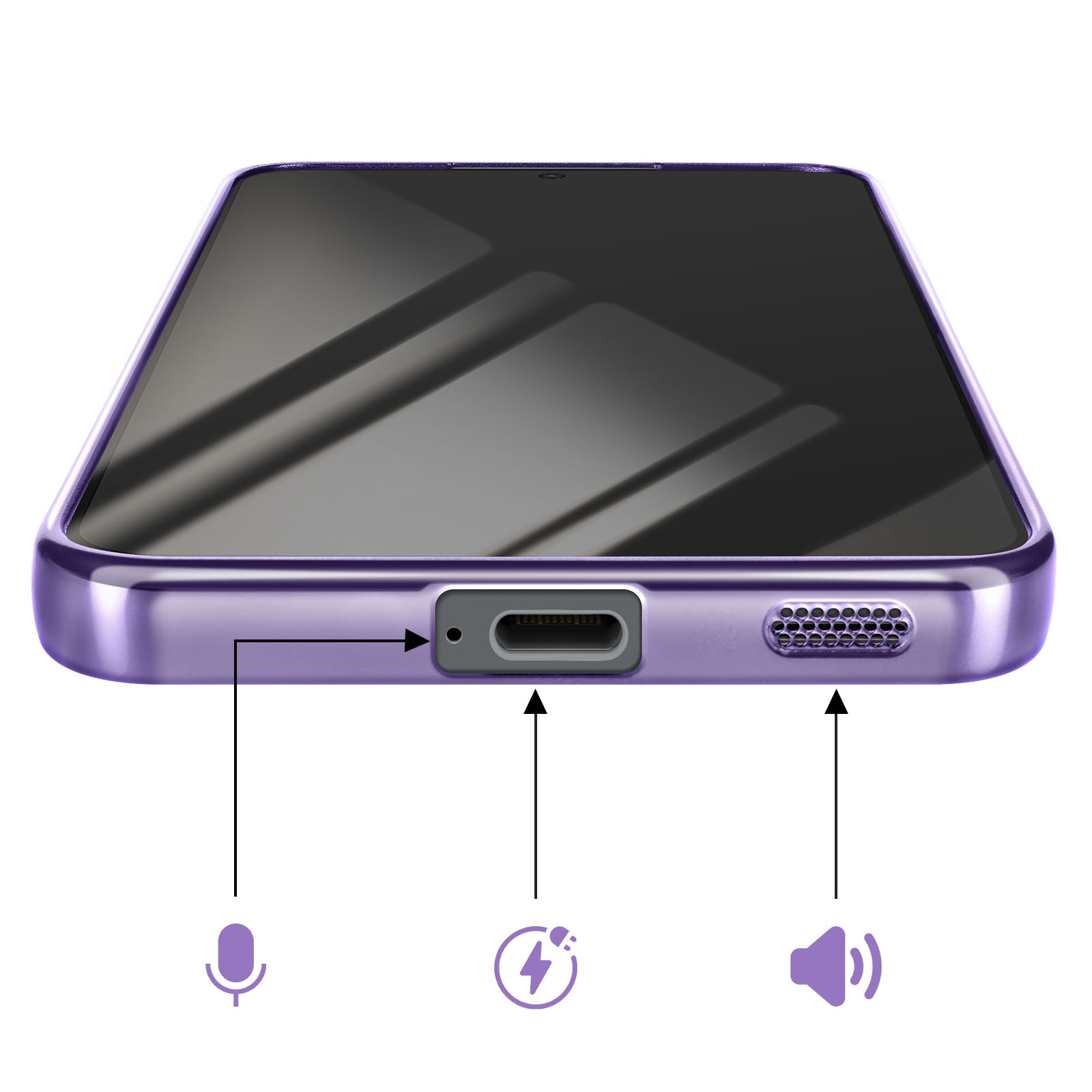 Paars telefoon met oplaadpoort, microfoon en luidspreker.