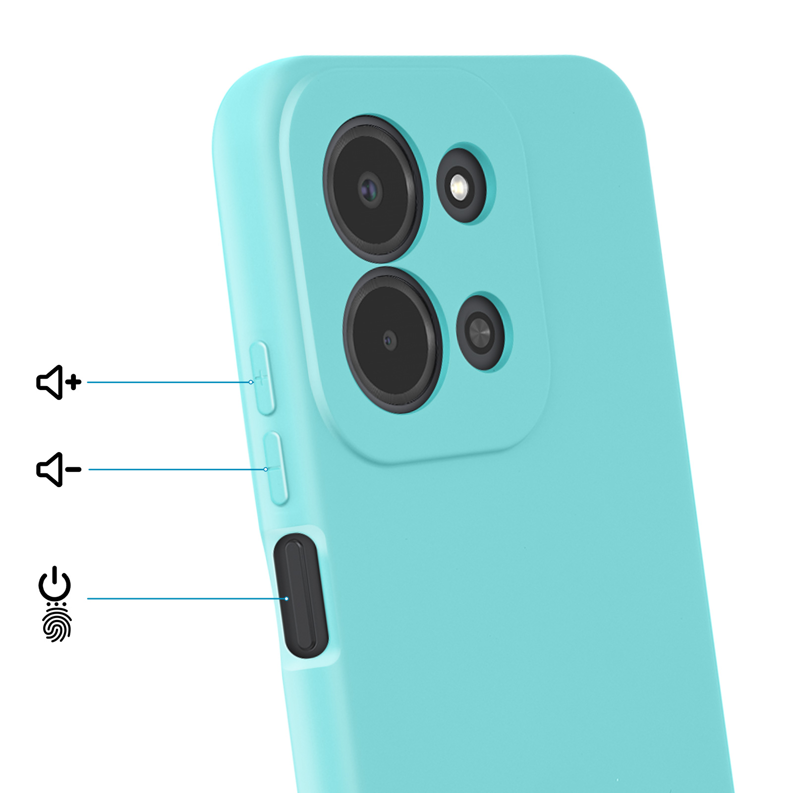 Gros plan d'une coque de téléphone turquoise montrant des objectifs et des boutons.