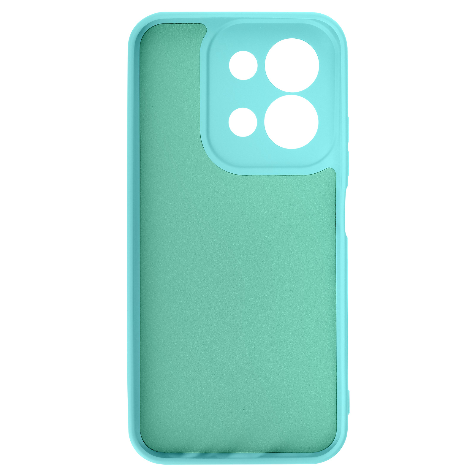 Une coque de téléphone turquoise avec des découpes pour objectifs.