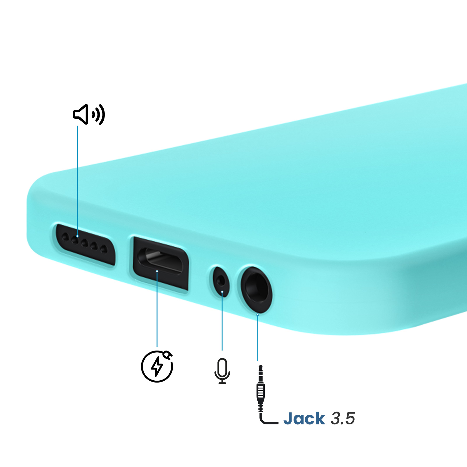 Coque de téléphone turquoise avec ports : haut-parleur, USB, micro, prise jack 3,5 mm.