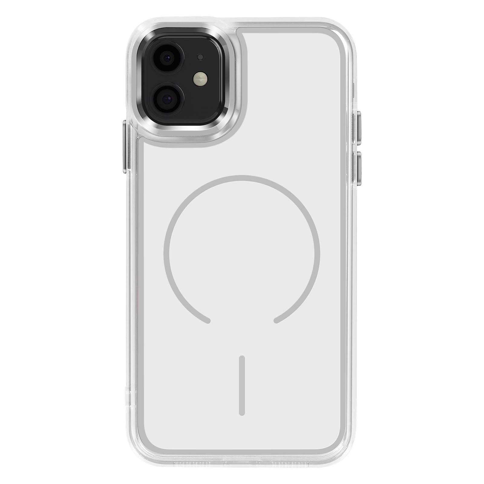 Transparante telefoonhoes met twee camera's en zilveren rand.