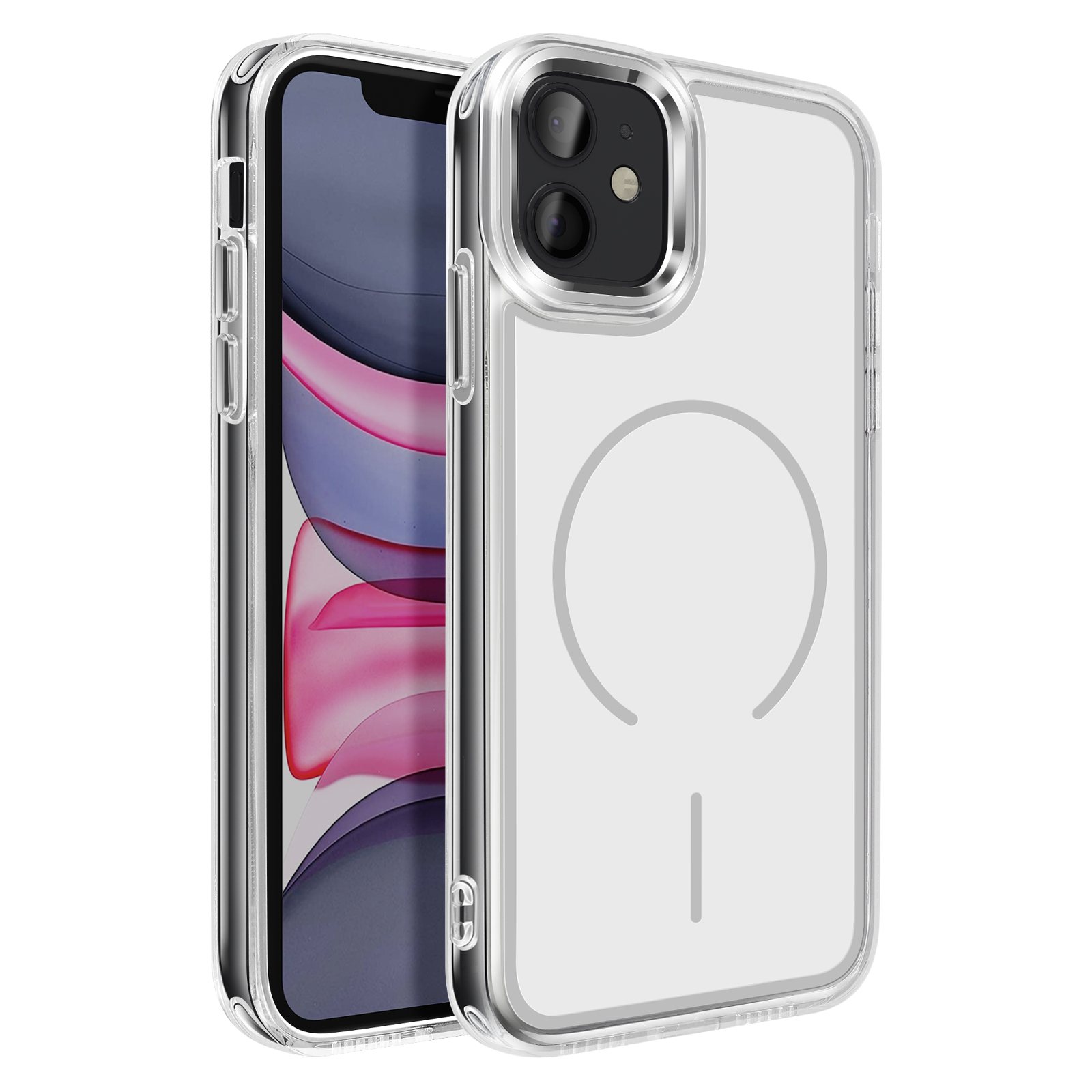 Een transparant iPhone hoesje wordt getoond met een telefoon erin, voorzien van een grijs cirkelvormig ontwerp aan de achterkant voor MagSafe.