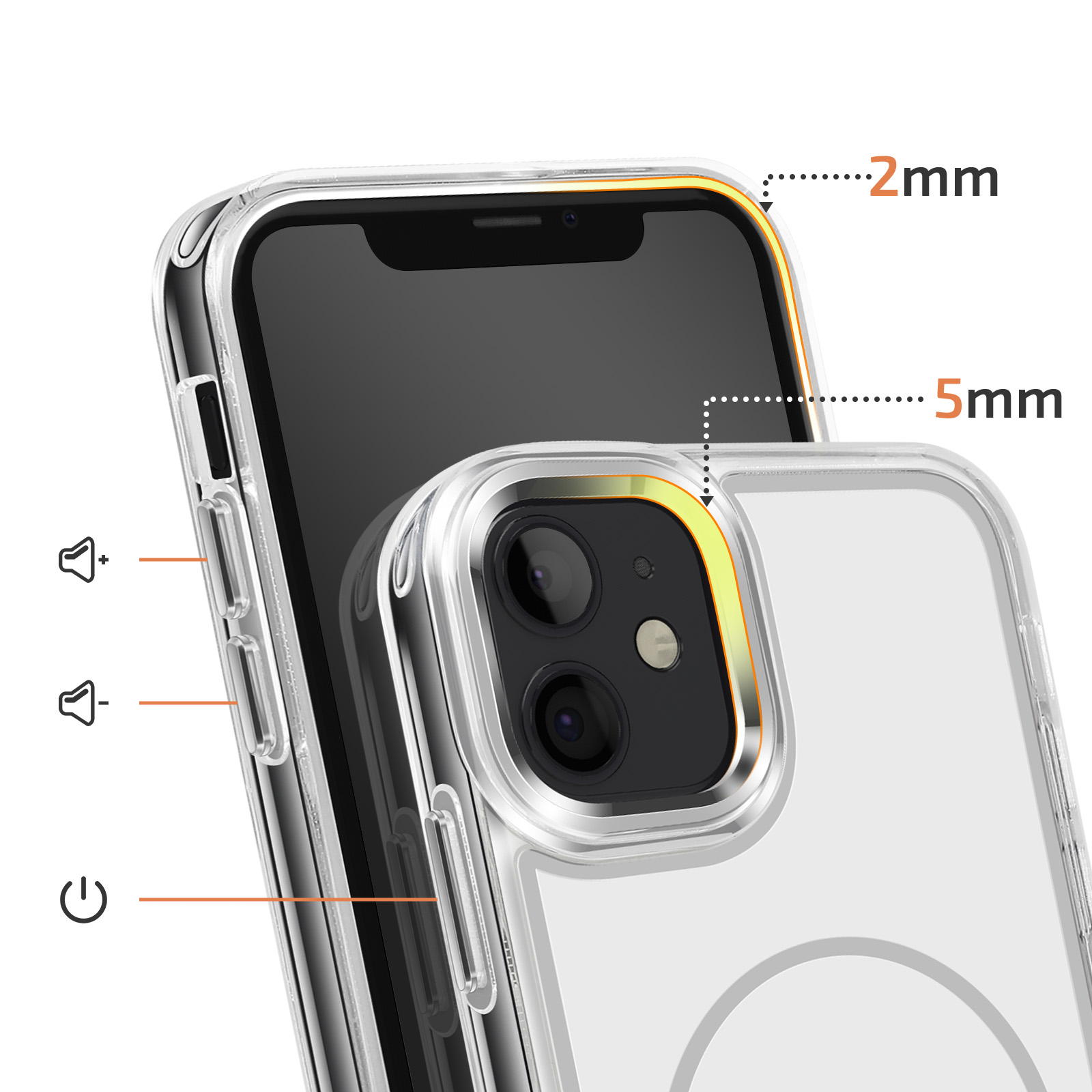 Transparante telefoonhoes met 2mm en 5mm markeringen. Volume- en aan/uitknoppen zichtbaar.