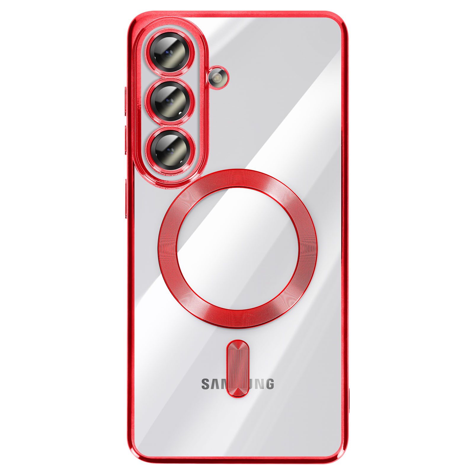 Coque de téléphone transparente avec cadre rouge, trois caméras et anneau magnétique.
