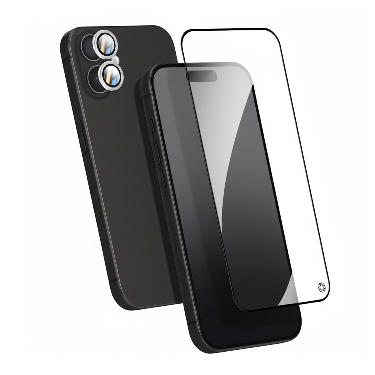 Smartphone nero con due fotocamere e pellicola protettiva.