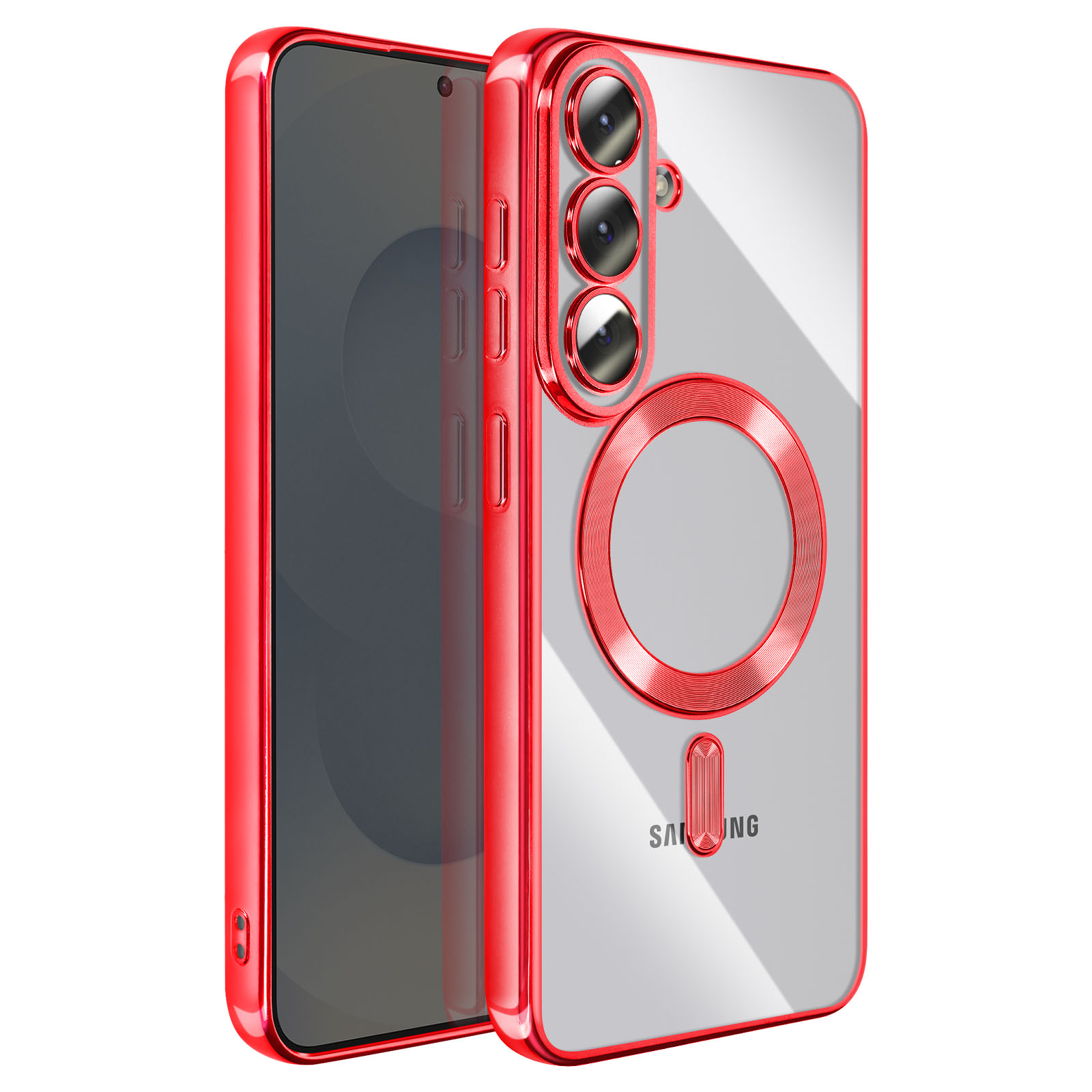 Une coque de téléphone rouge et transparente avec trois caméras et un anneau magnétique.