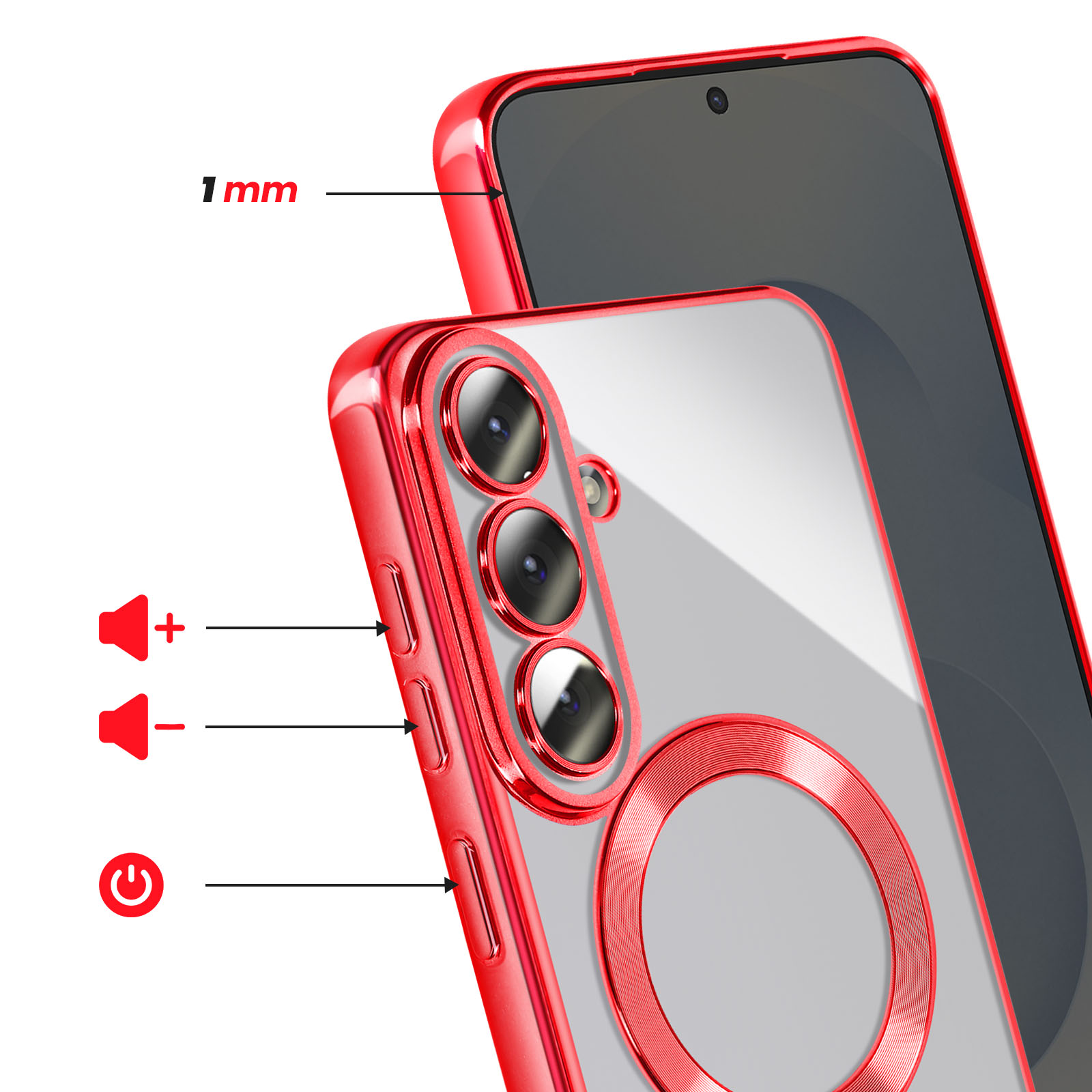 Coque de téléphone rouge avec dos transparent et découpe caméra.