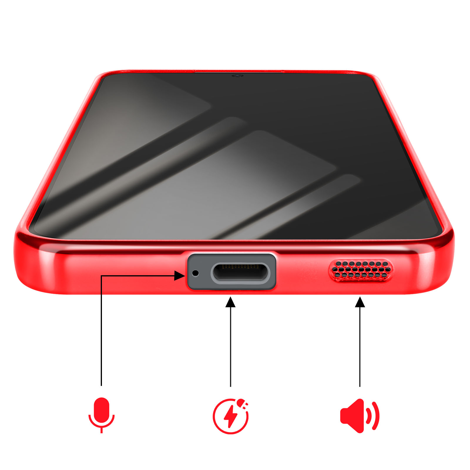 Téléphone rouge montrant le port de chargement, le microphone et le haut-parleur.