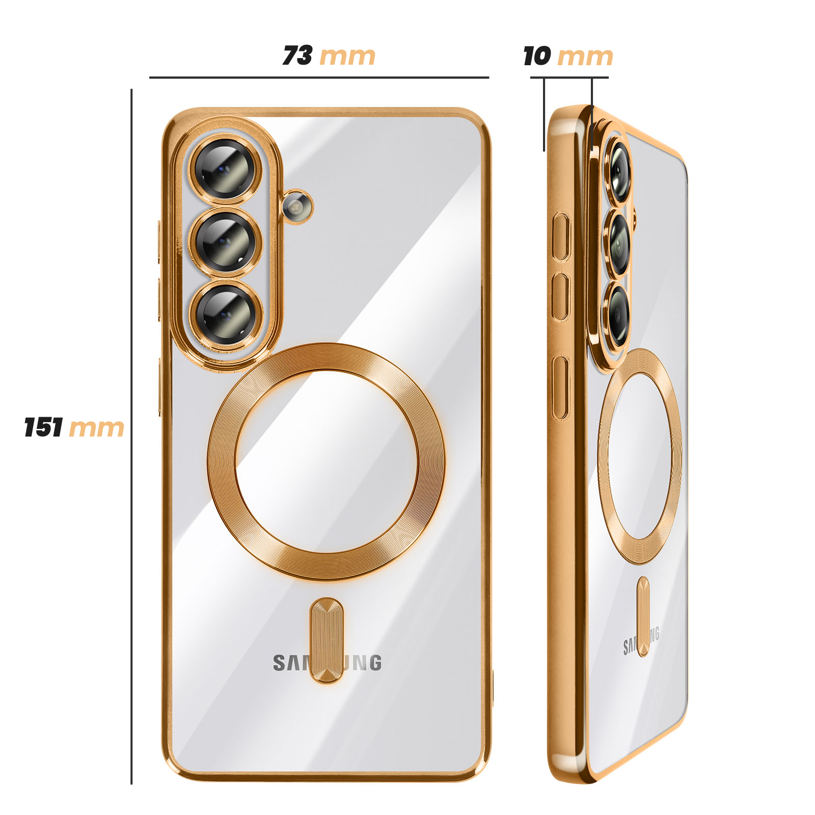 Gouden telefoonhoes met camera's en magneetring. Afmetingen: 151x73x10 mm.