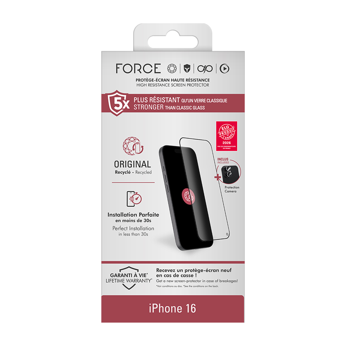 Confezione protettore schermo iPhone 16 marca FORCE, 5x più resistente del vetro.