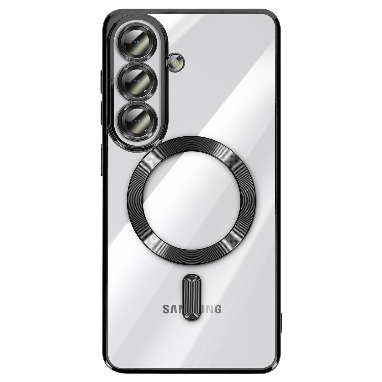 Coque de téléphone transparente avec trois caméras, anneau et logo.
