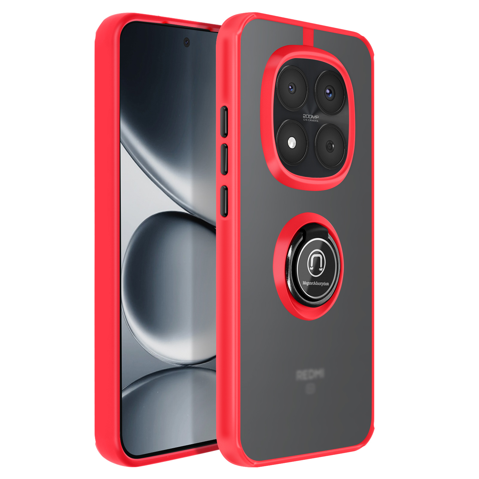 Un teléfono rojo con funda trasera negra y cuatro cámaras.