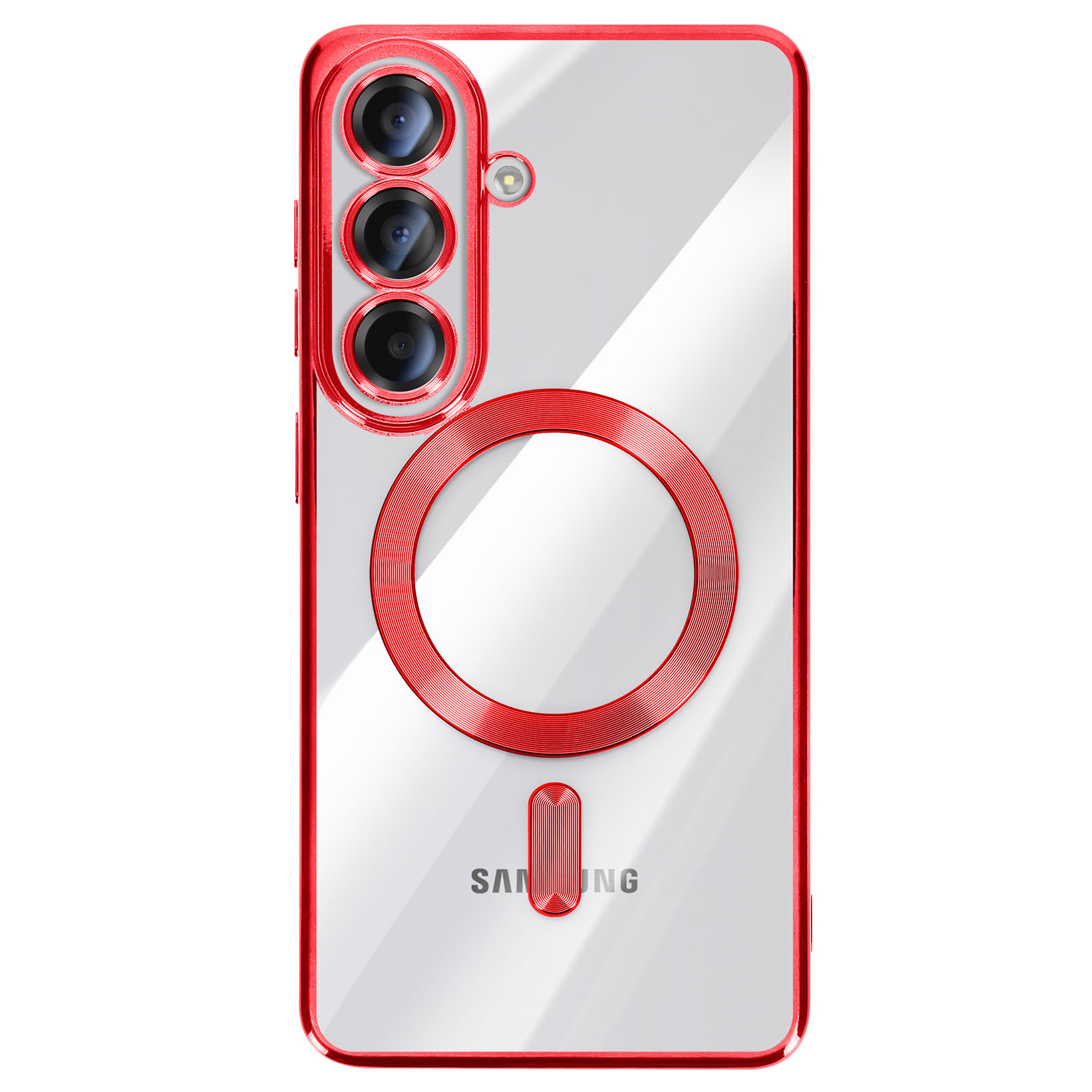 Coque de téléphone transparente avec bords rouges et anneau de caméra.