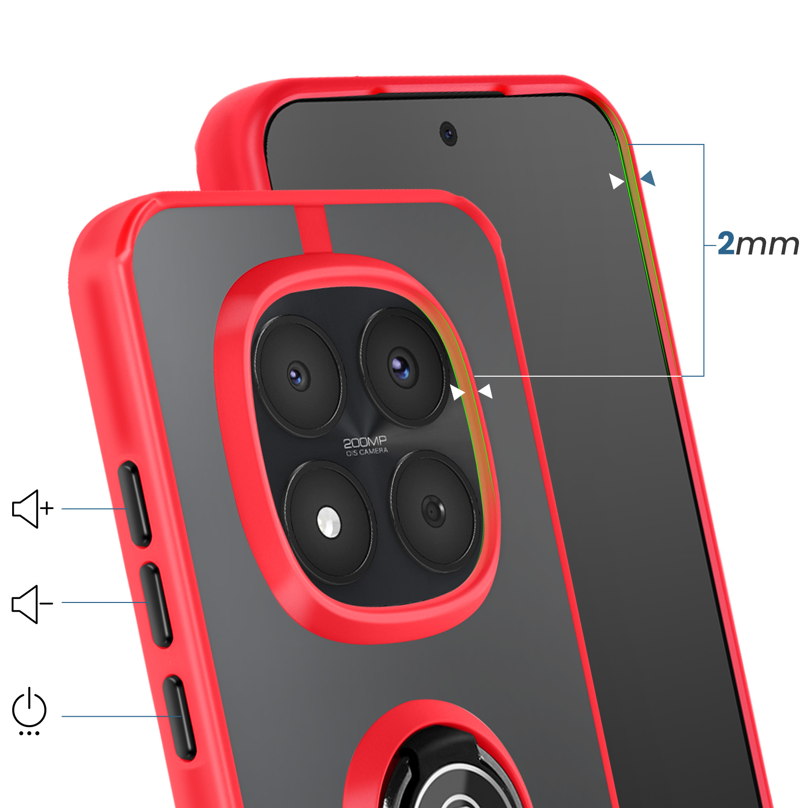 Funda roja de teléfono con parte trasera transparente muestra cuatro cámaras. Medida 2mm.