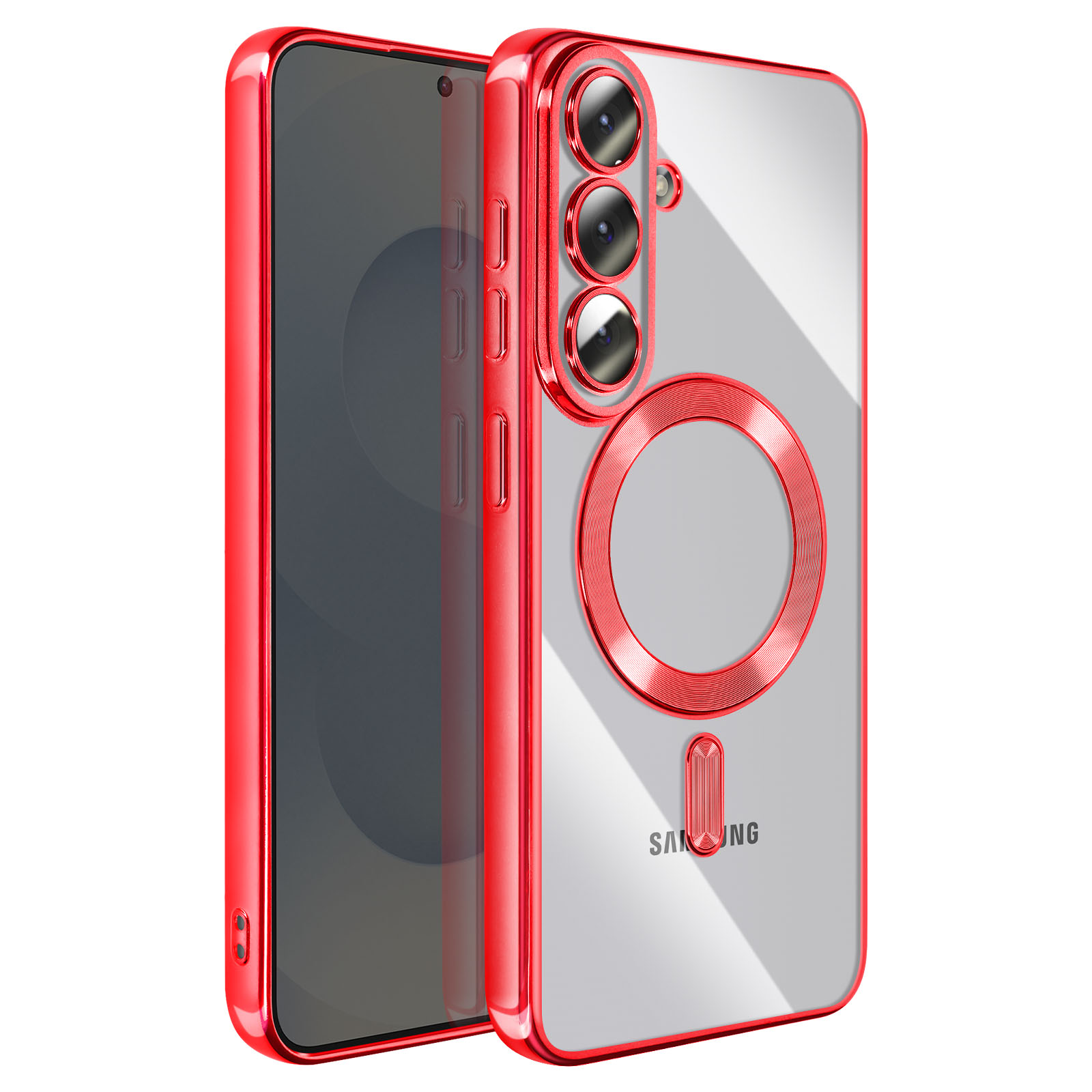 Coque de téléphone transparente avec bordure rouge, trois caméras et anneau.