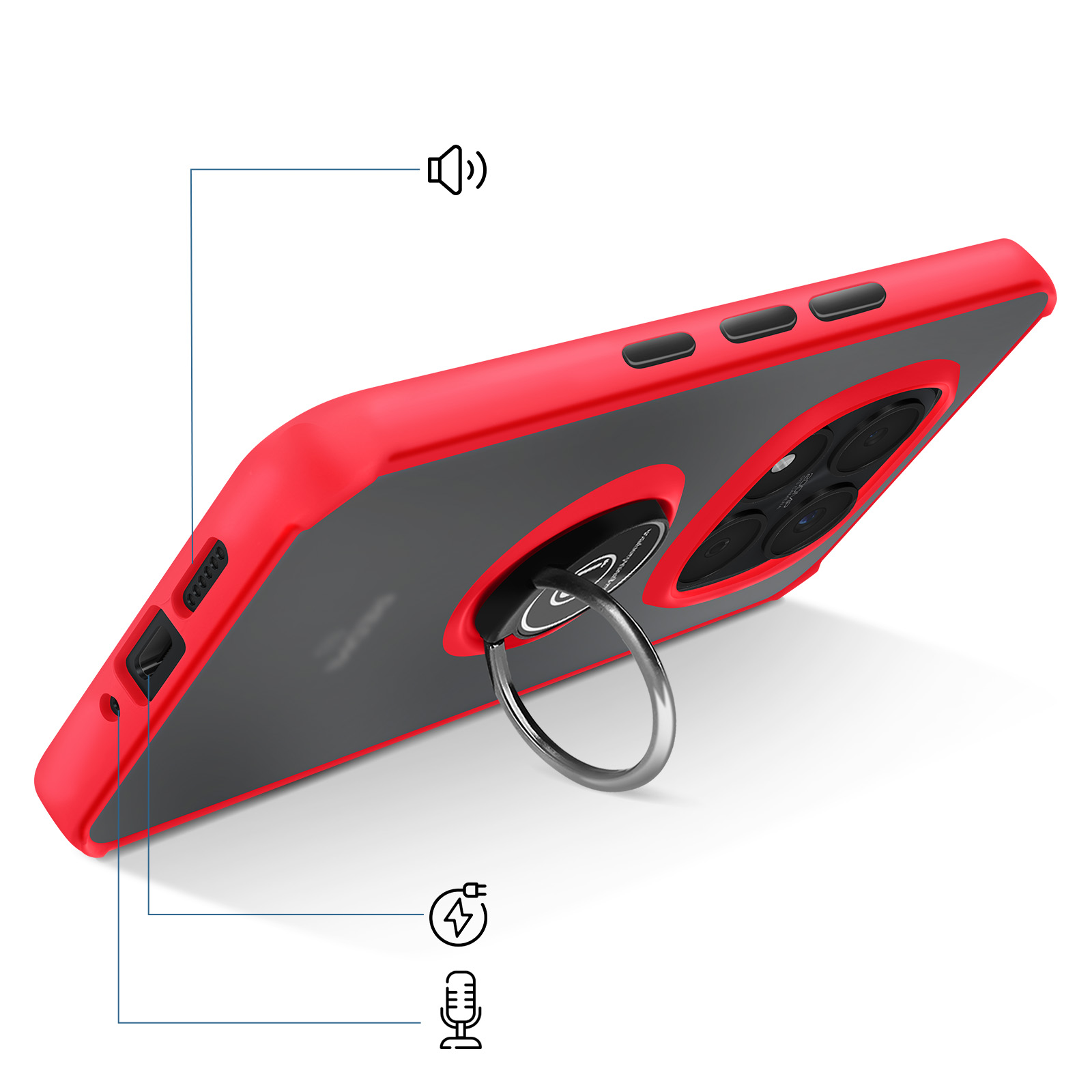 Funda roja para teléfono con soporte de anillo, iconos de altavoz y micrófono.