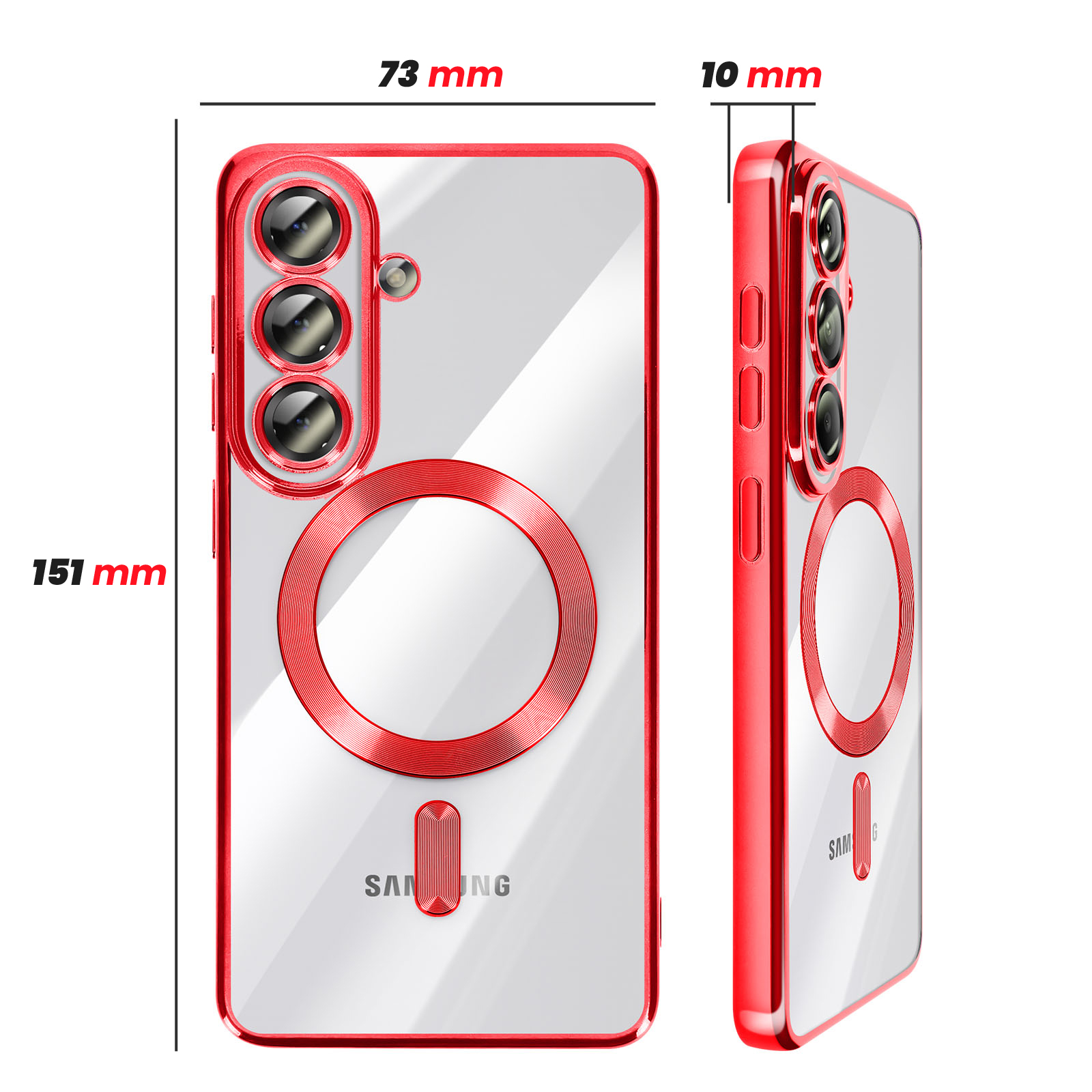 Coque transparente avec bordure rouge, montrant caméras et anneau magnétique.