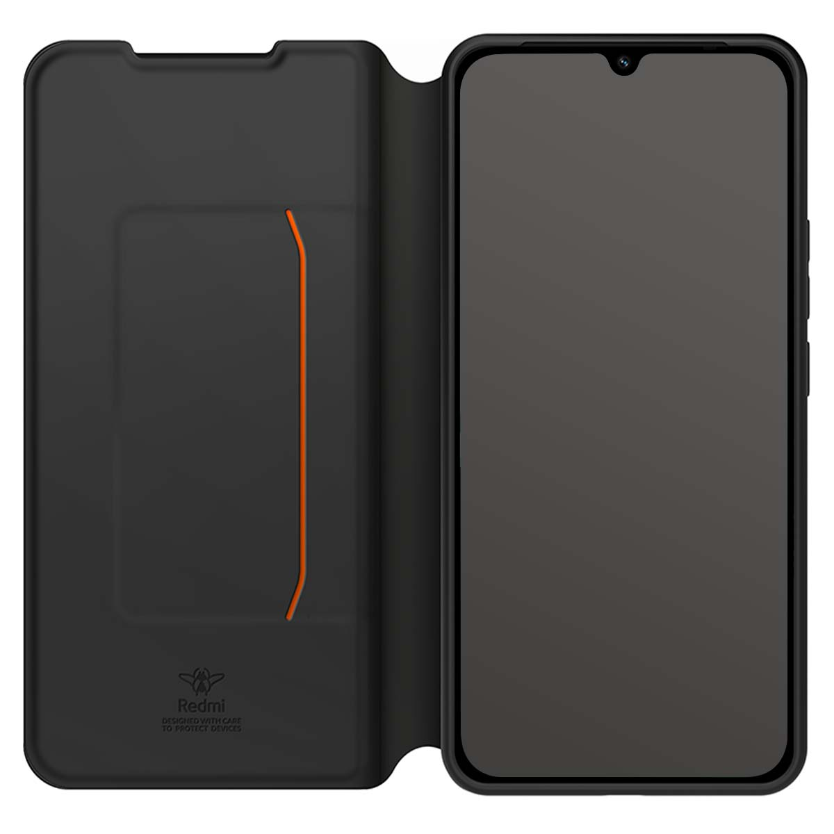 Schwarzes Handy mit offenem Klappenschutz. Ein Fach ist sichtbar.