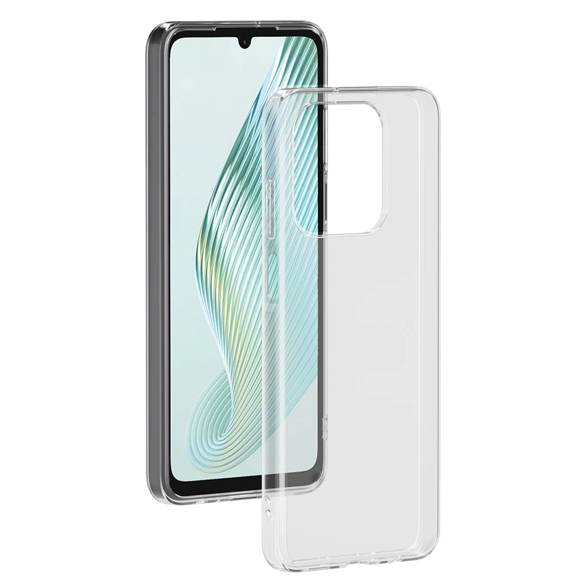 Una custodia trasparente per telefono posizionata accanto a uno smartphone nero con uno schermo astratto verde e bianco.