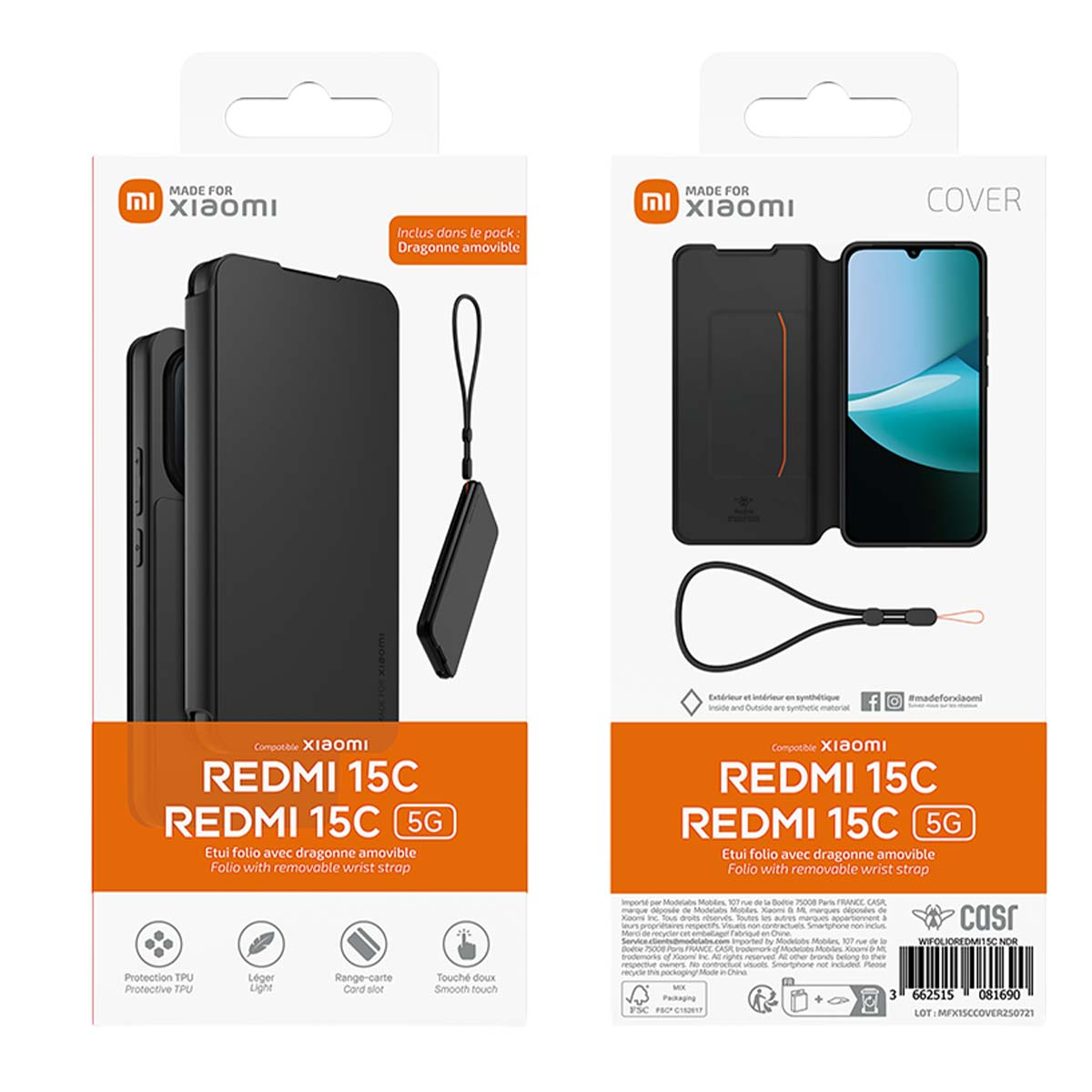 Schwarze Handyhülle für Xiaomi Redmi 15C 5G mit abnehmbarem Riemen.