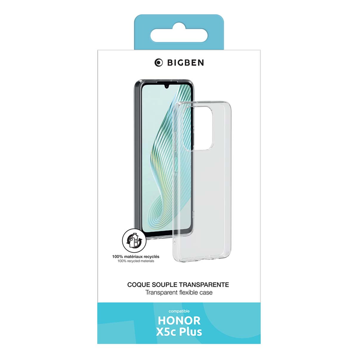 Confezione di una custodia flessibile trasparente per Honor X5c Plus.