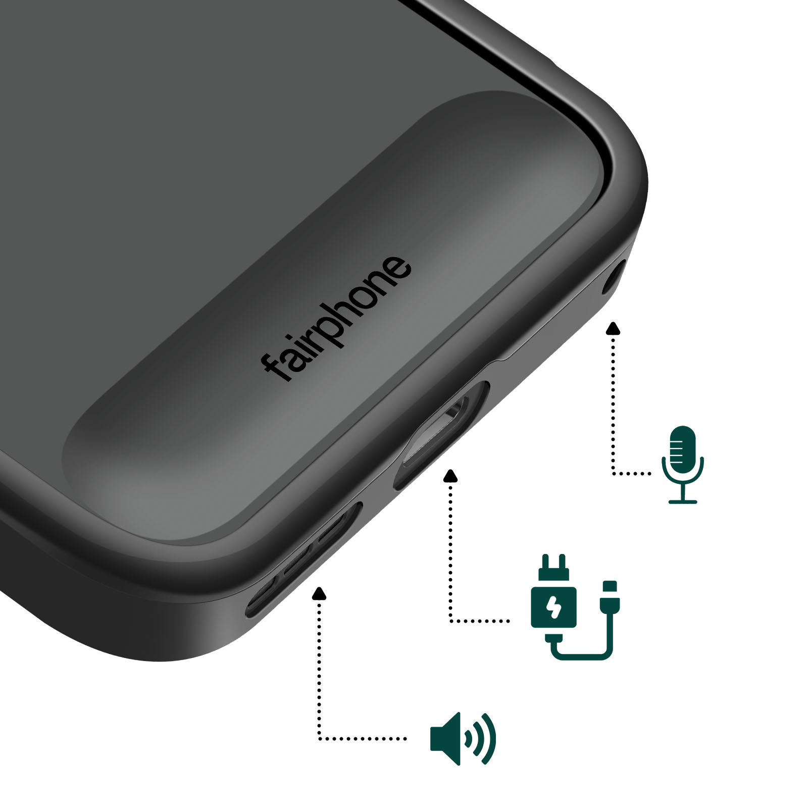 Uno smartphone Fairphone che mostra le porte per microfono, ricarica e altoparlante.