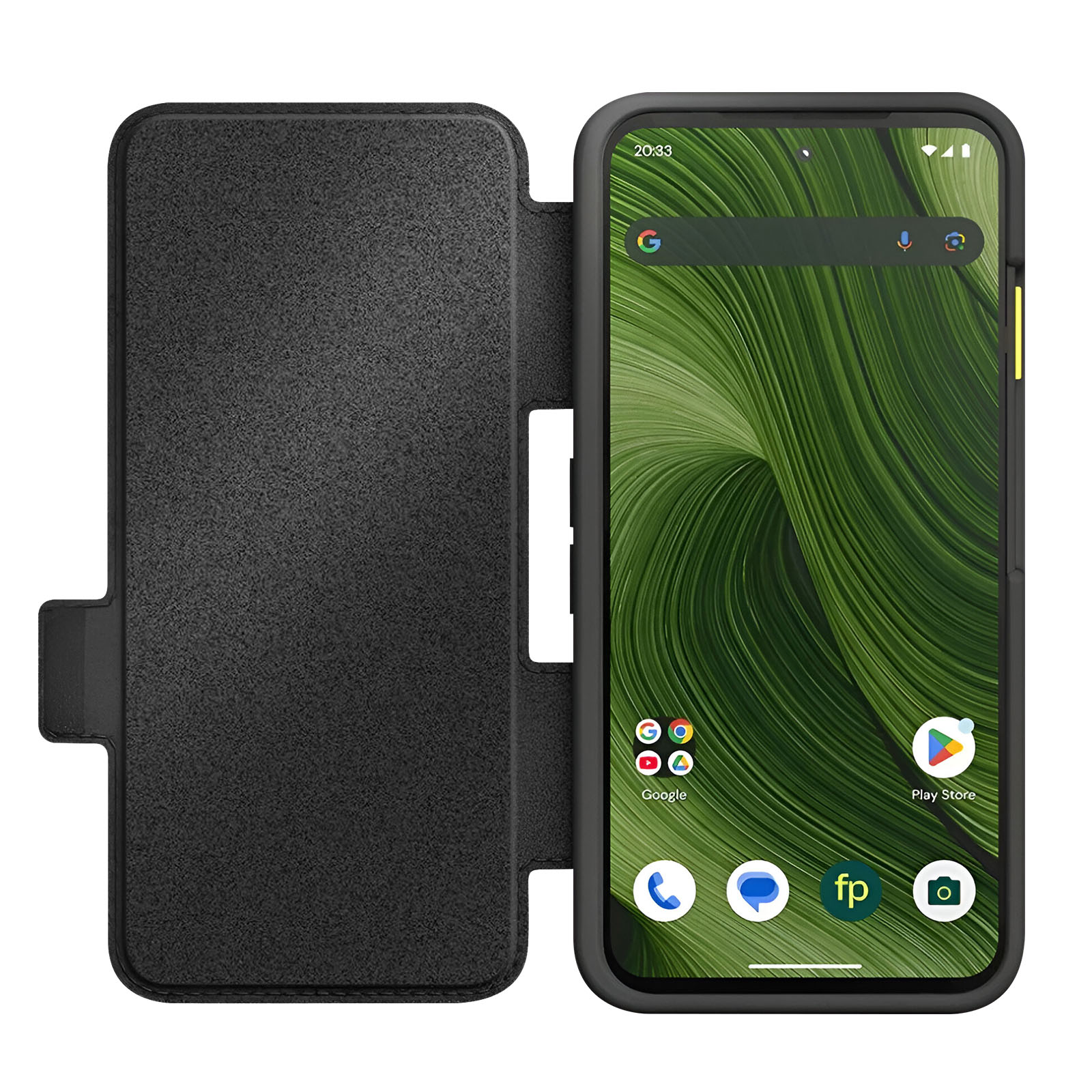 Un telefono nero con copertina aperta, che mostra uno sfondo verde ondulato.