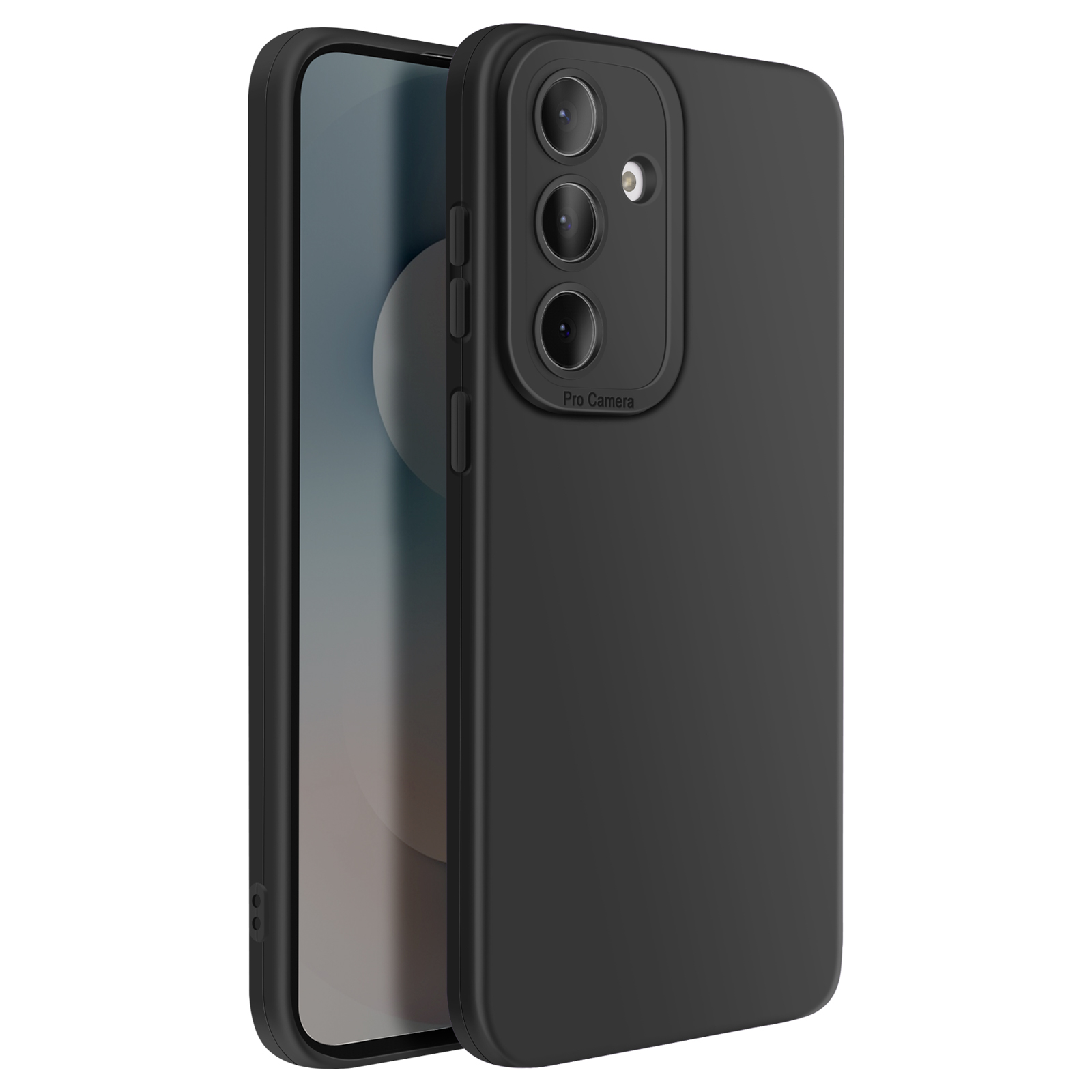 Zwarte telefoonhoes met drie cameralenzen en flitser.
