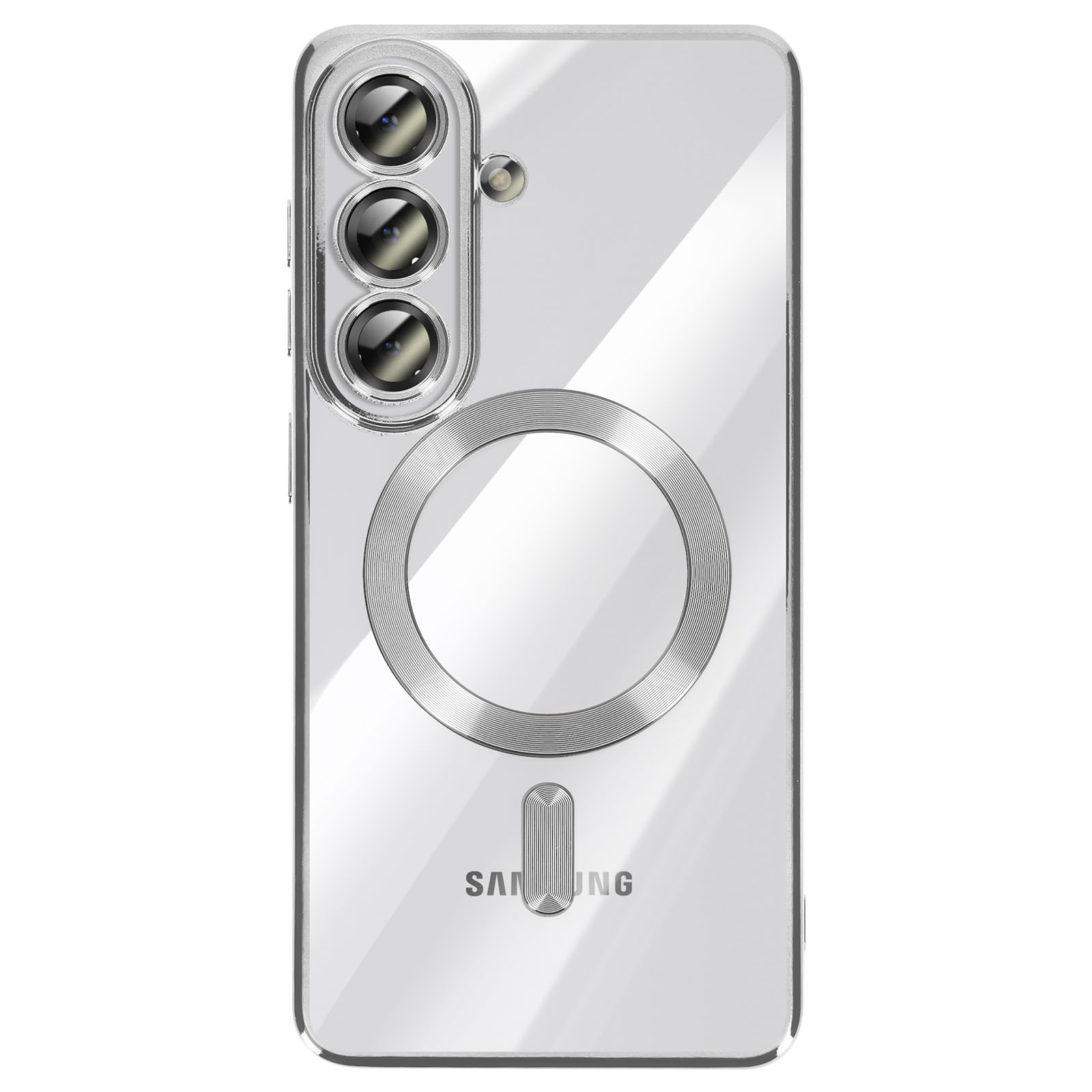 Transparante telefoonhoes met drie cameralenzen, magneetring en Samsung-logo.