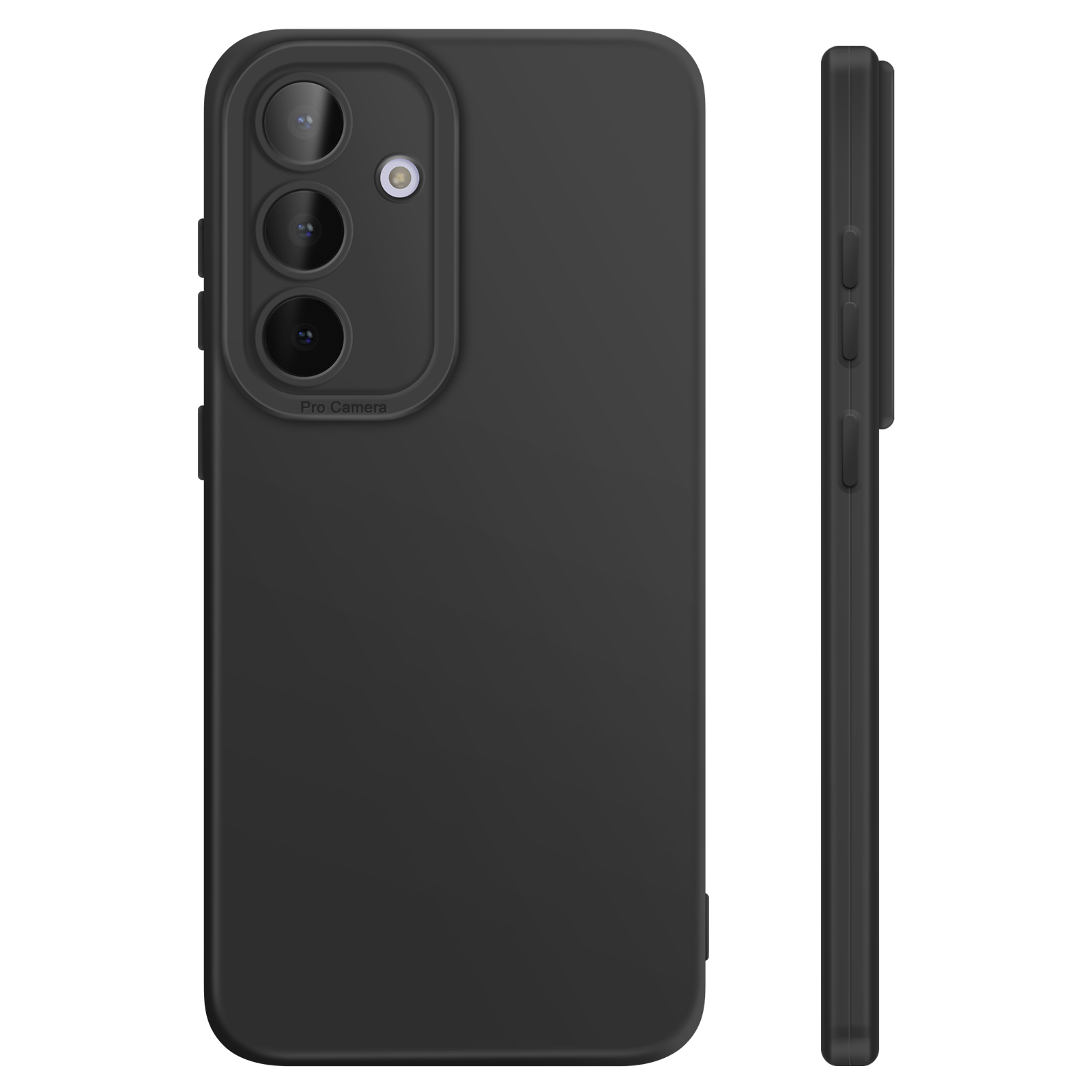 Zwarte telefoonhoes met drie camera's en flitser aan de achterkant.