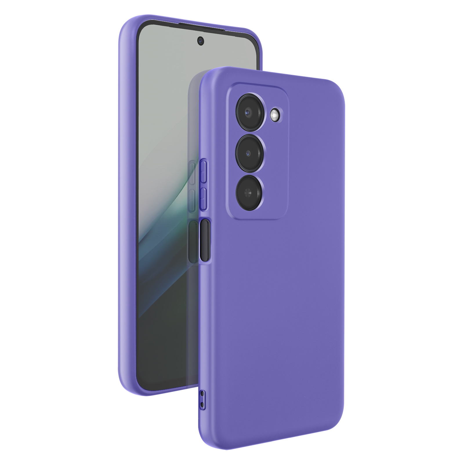 Een paarse telefoonhoesje naast een telefoon met camera's.