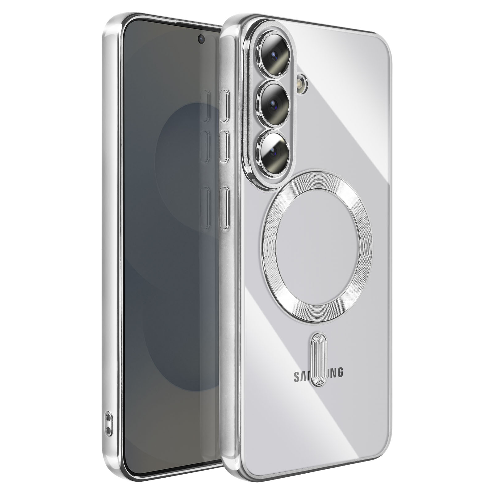Een zilveren smartphone met drie camera's en een cirkelvormige magneetring.