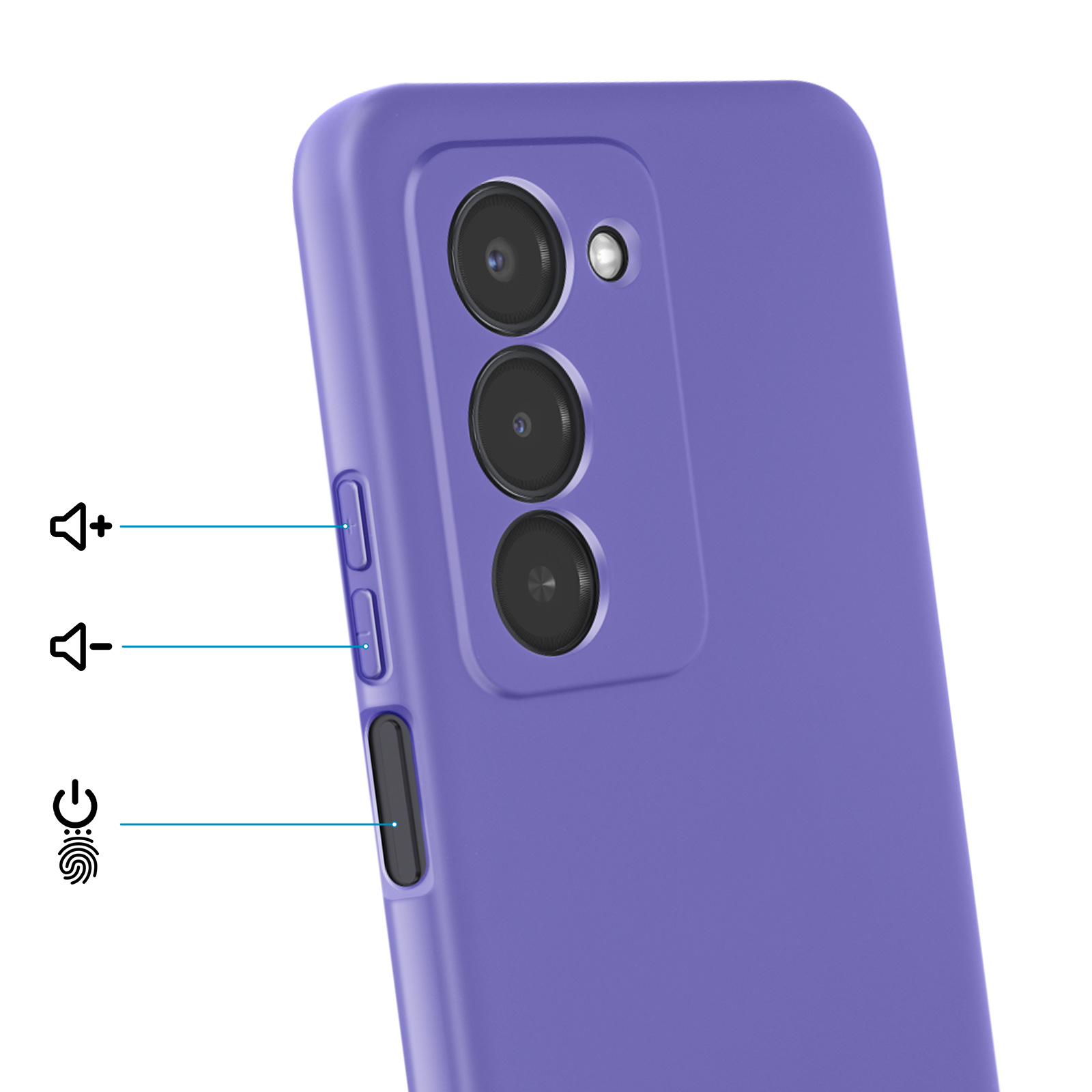 Paarse telefoonhoes met cameralenzen en knoppen. Volume, aan/uit, vingerafdruk.