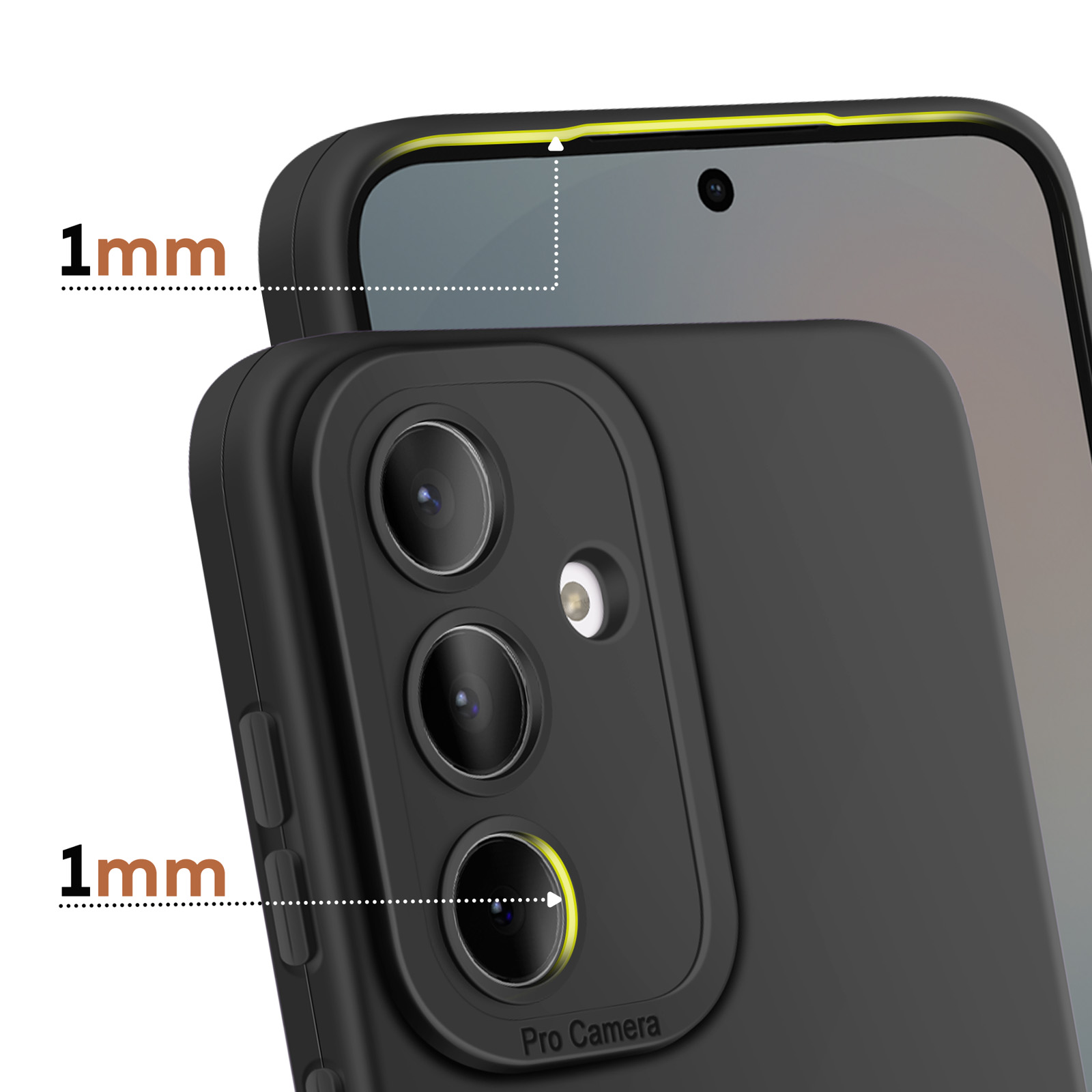 Zwarte telefoon met 1 mm verhoogde rand rond camera en scherm.