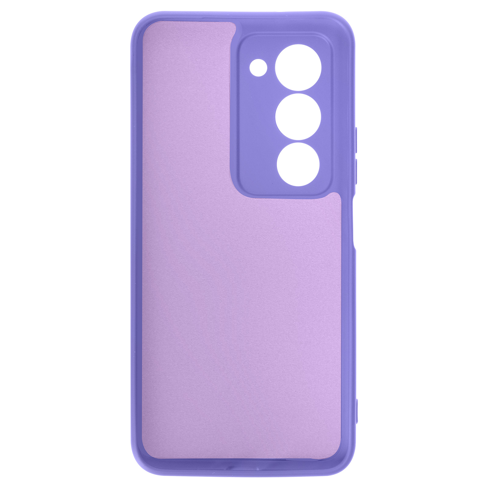 Paarse telefoonhoes met uitsparingen voor camera en knoppen.