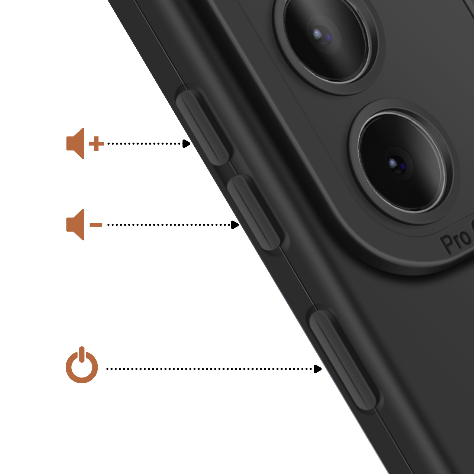 Zwarte smartphone met volume- en aan/uit-knoppen. Camera's aan de achterkant.