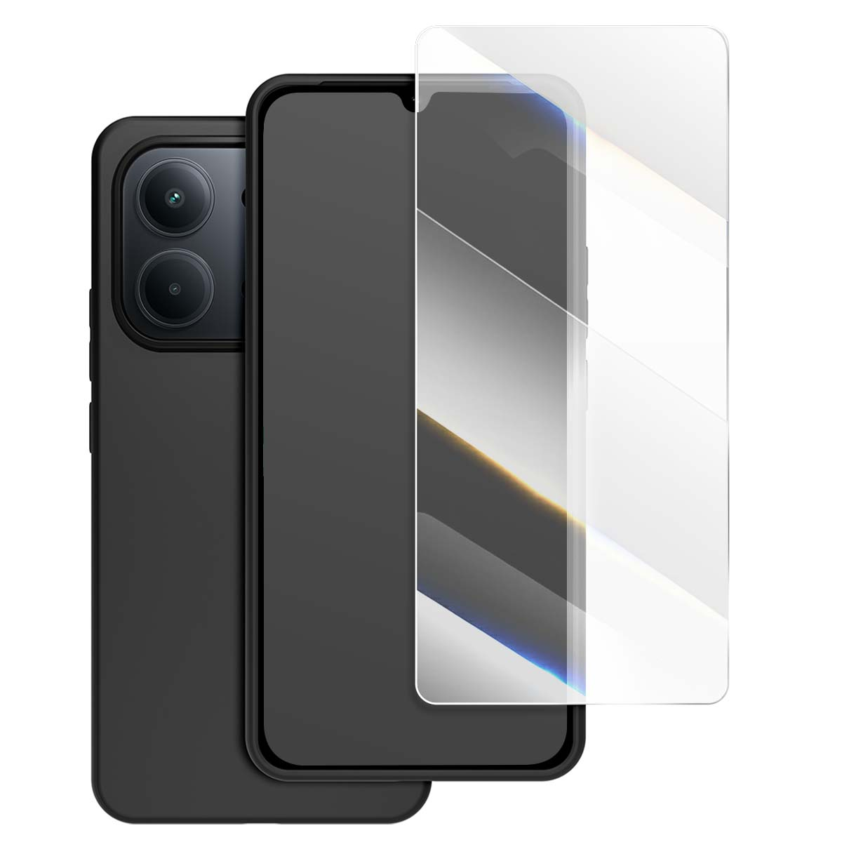 Smartphone nero con custodia protettiva e pellicola protettiva.