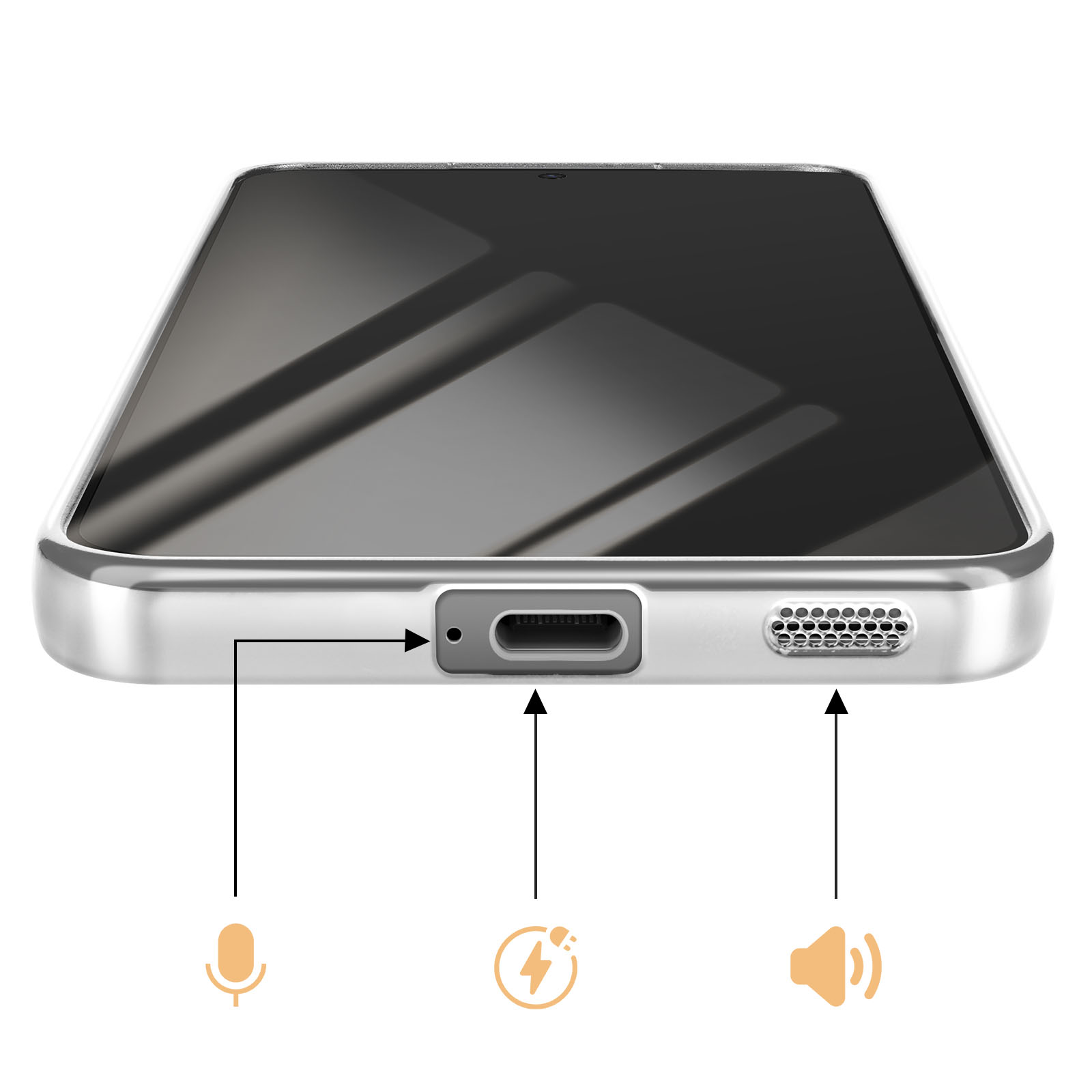 Onderkant van een smartphone met oplaadpoort, microfoon en luidspreker.