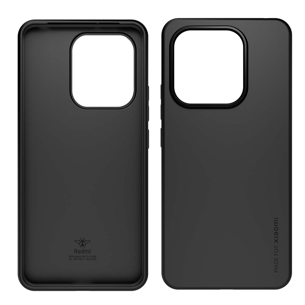 Due custodie nere per telefono, una con il logo 'Redmi' e l'altra con la scritta 'MADE FOR XIAOMI', su sfondo bianco.