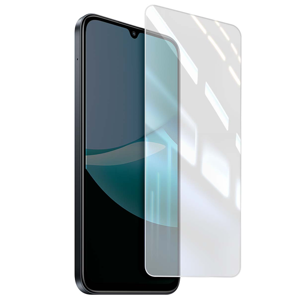 Uno smartphone con protezione schermo, sfondo bianco.