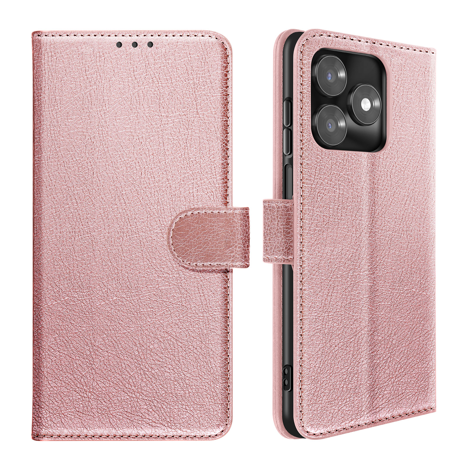 Una custodia per telefono rosa oro con tre fotocamere e chiusura magnetica.