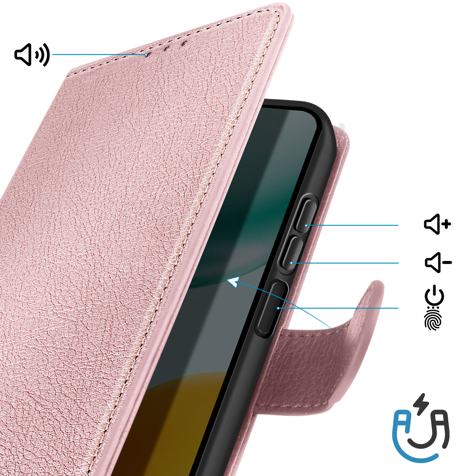 Custodia rosa per telefono con pulsanti volume, accensione e sensore impronte.
