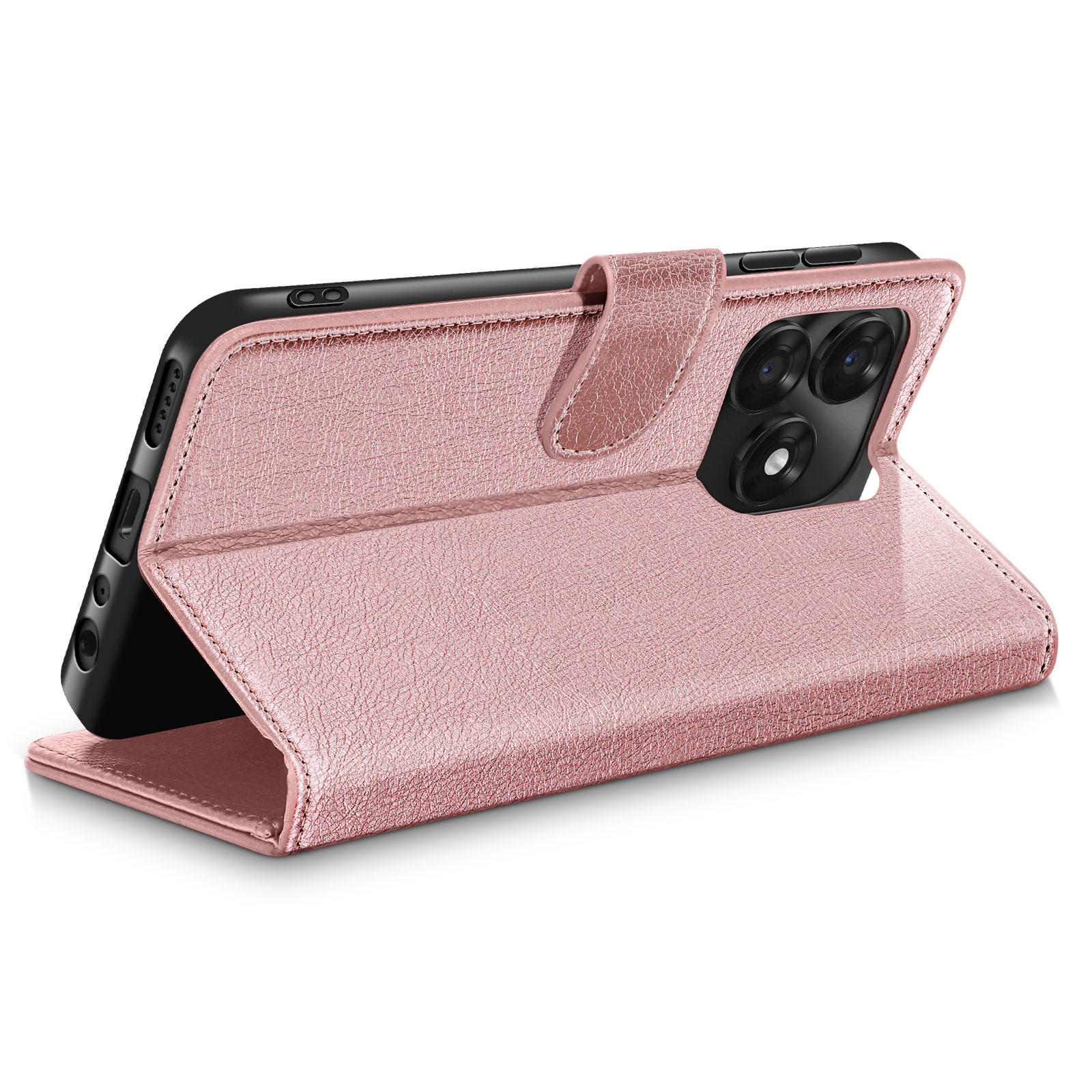 Una custodia per telefono in similpelle oro rosa che si apre in un supporto.